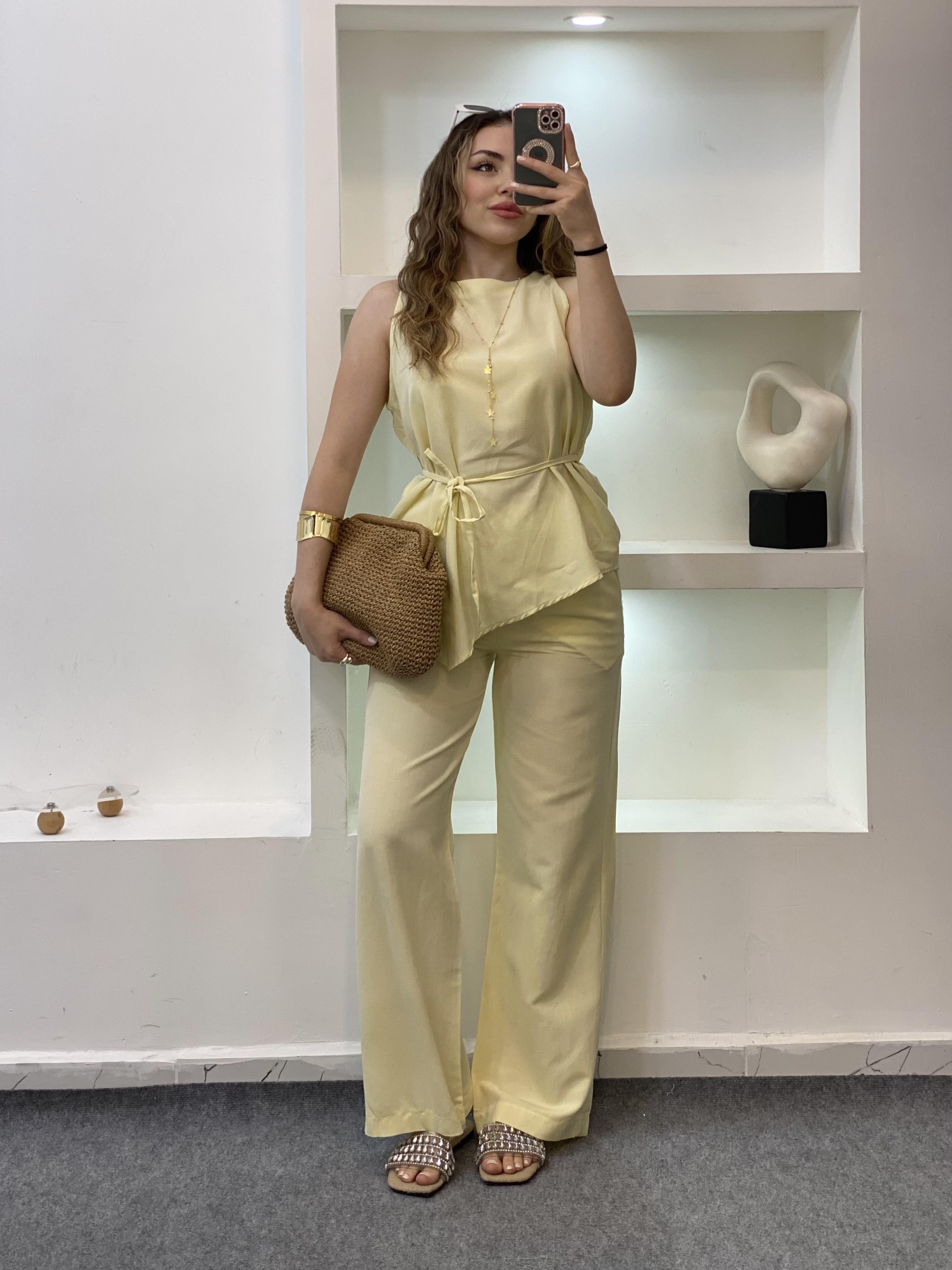 Sarı Beli Kuşaklı Keten Takım