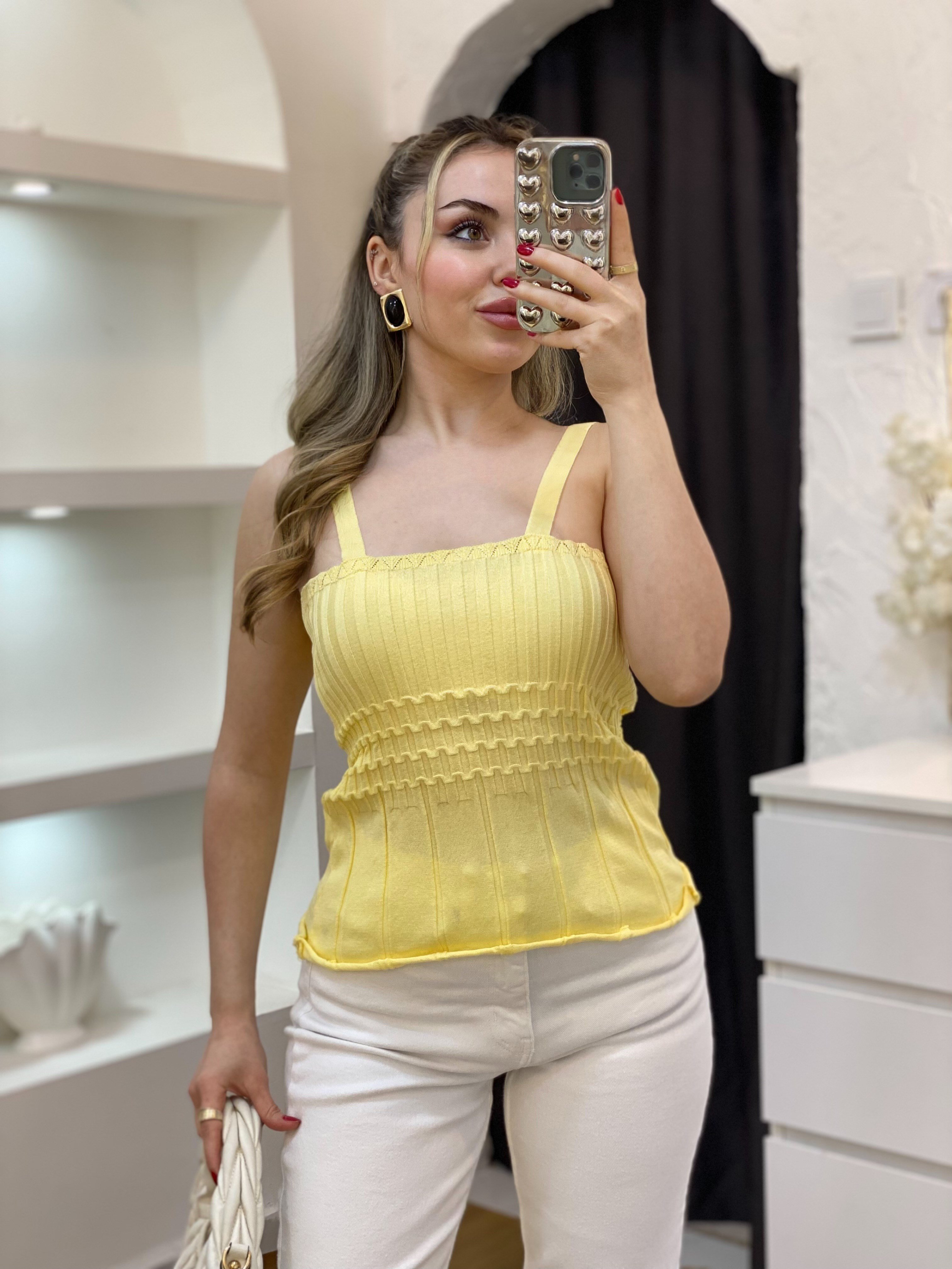 Sarı Desenli Askılı Triko Bluz