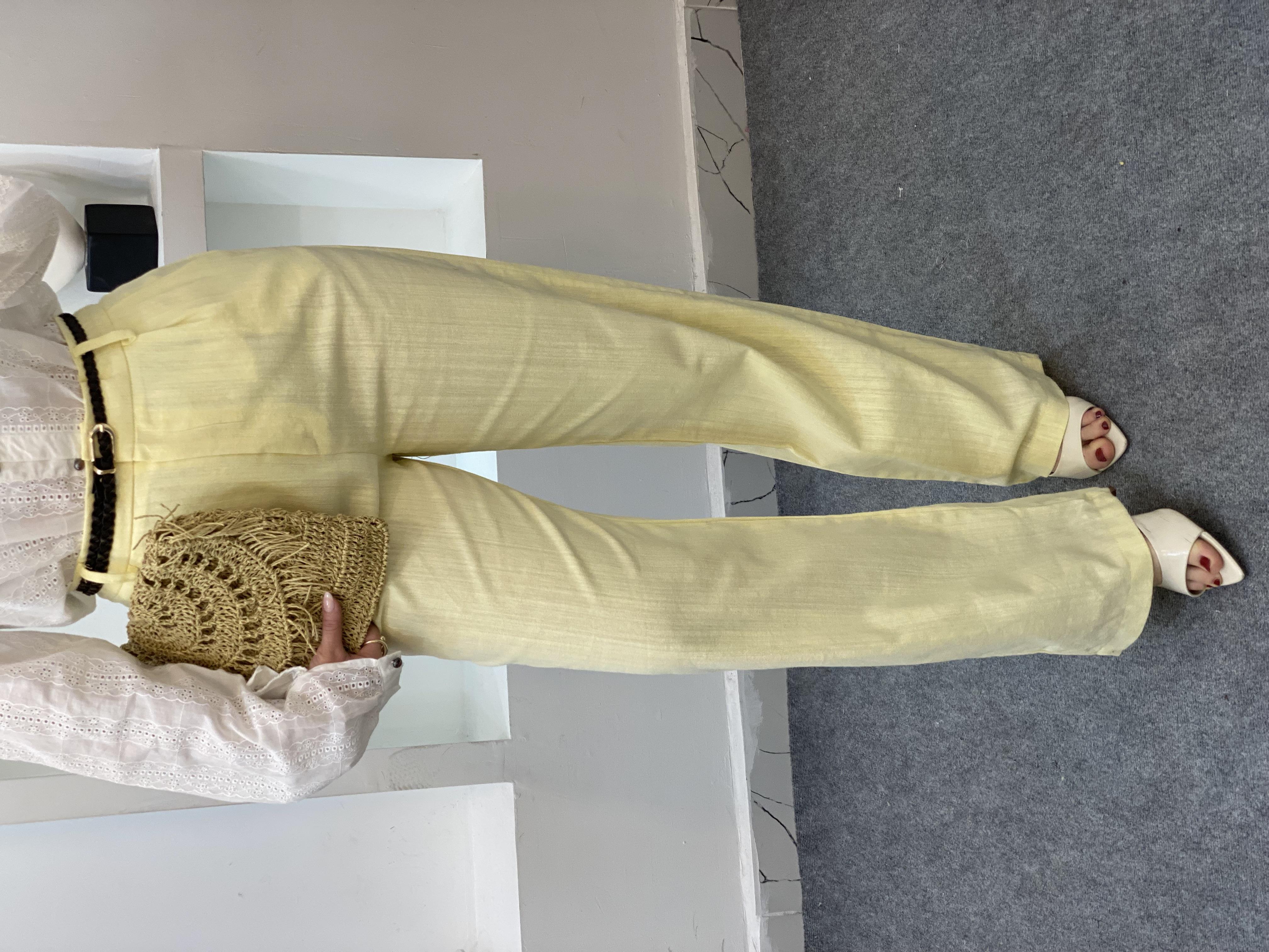 Sarı Kemerli Model Keten Palazzo Pantolon 