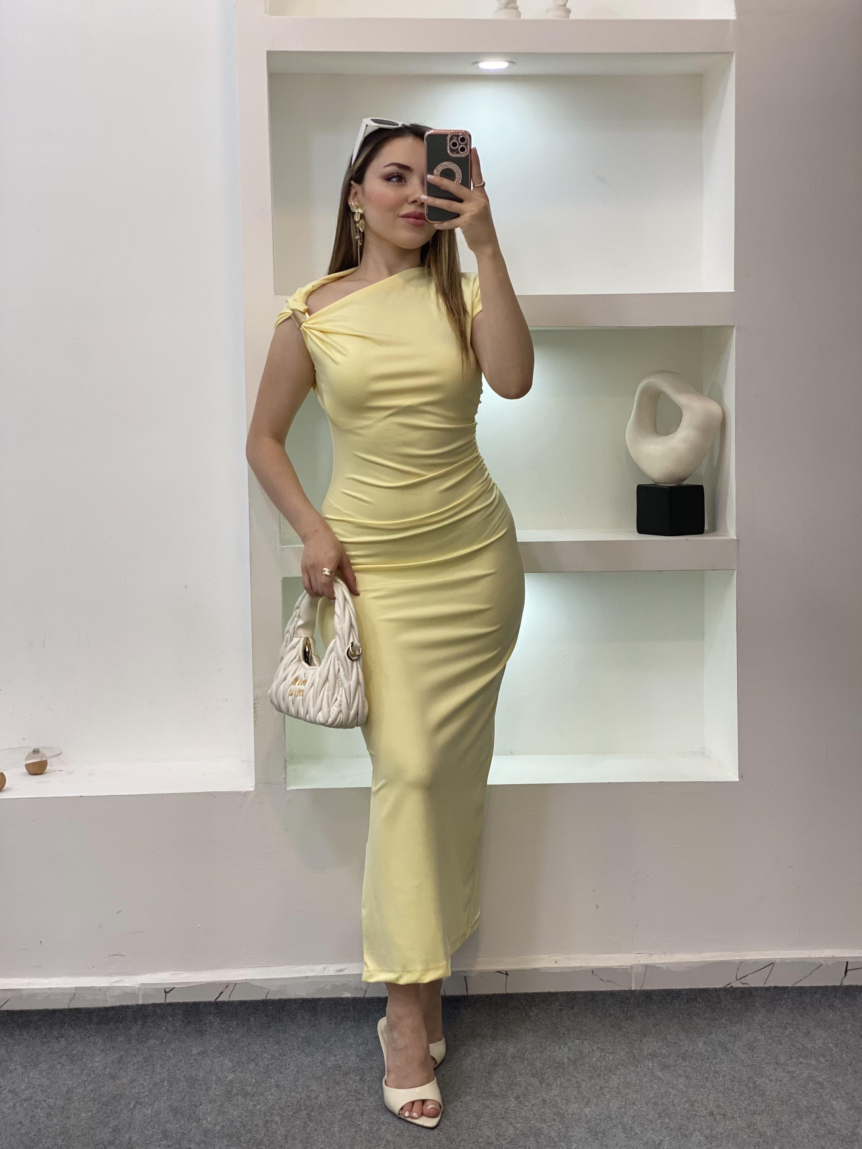 Sarı Omuz Gold Tokalı Elbise