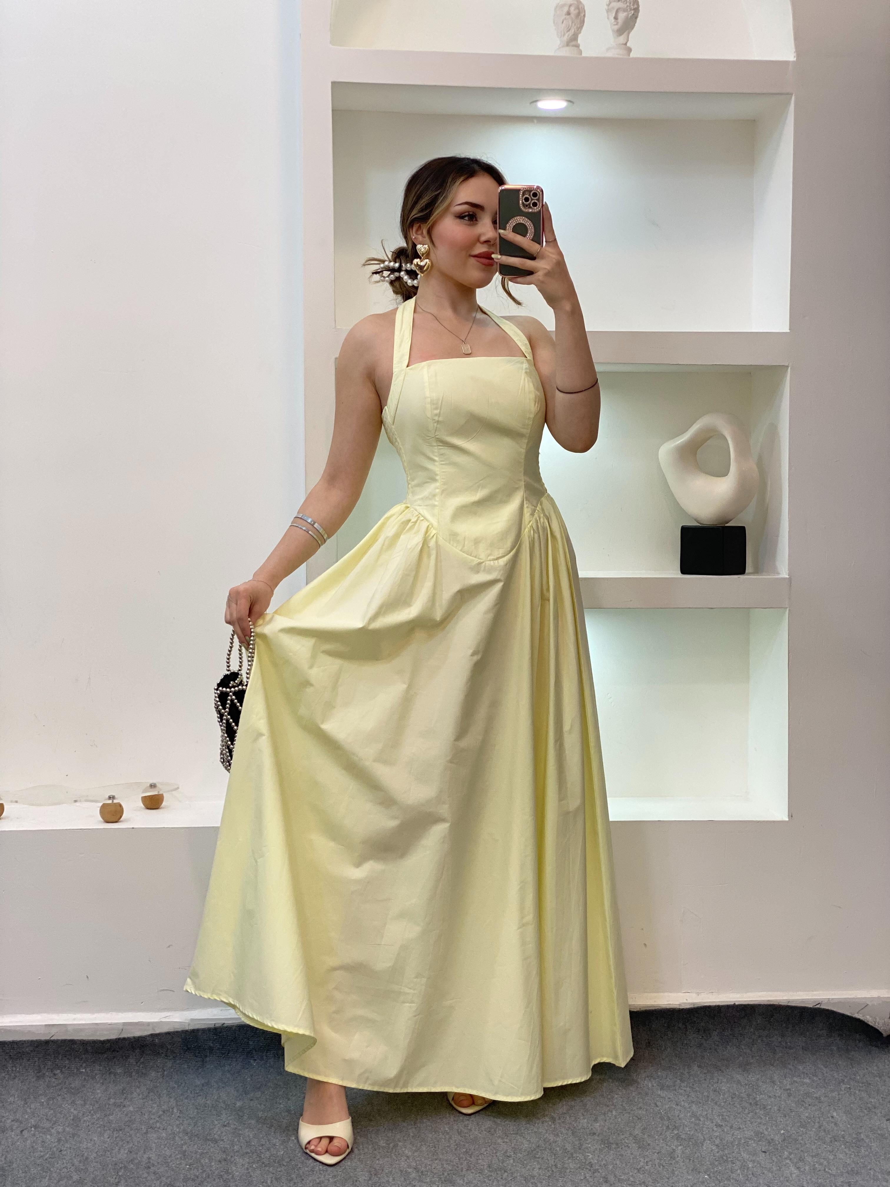 Sarı Premium Kalite Sırt Dekolteli Elbise 