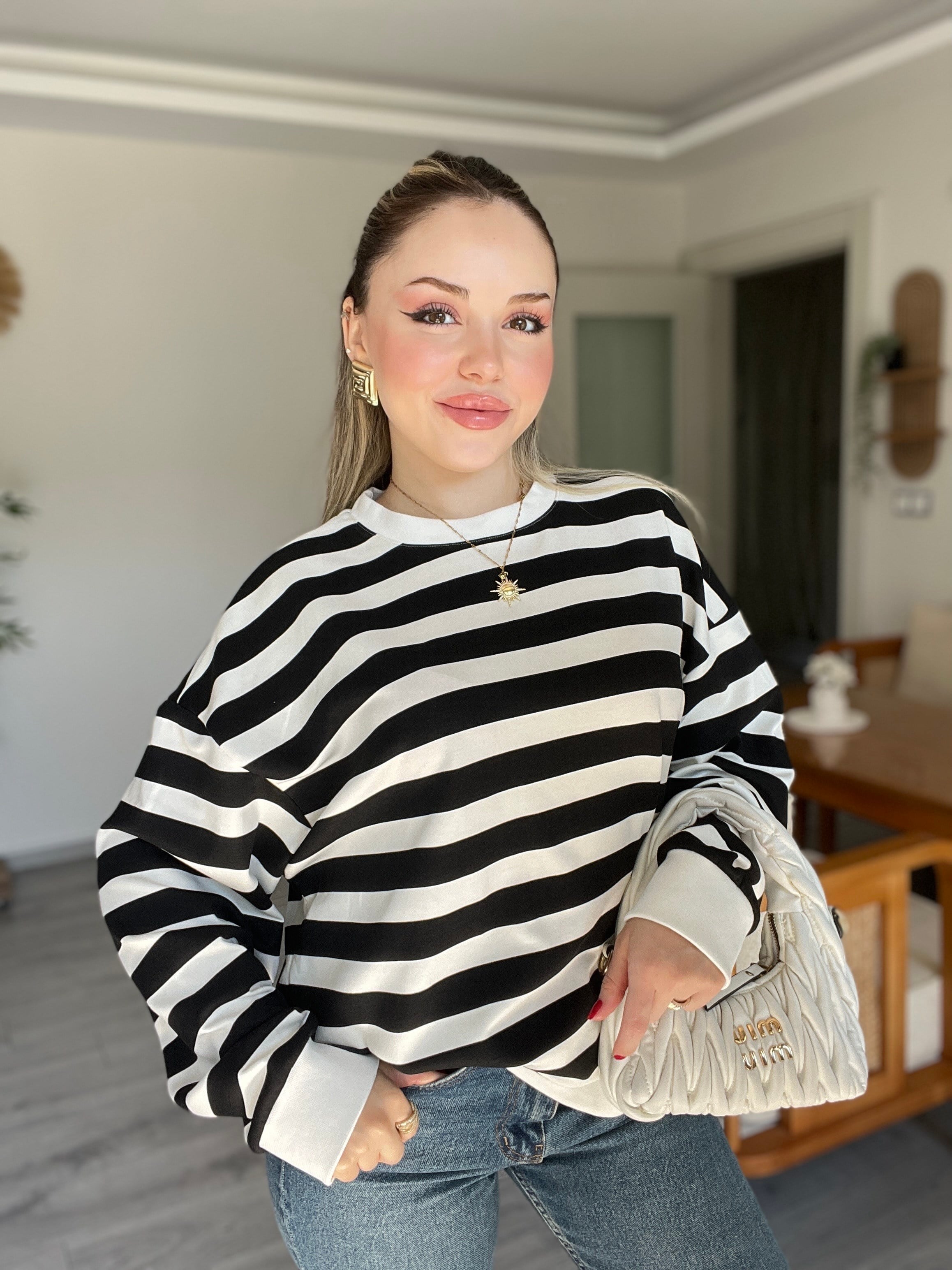 Siyah Beyaz Çizgili Oversize Modal Sweatshirt 