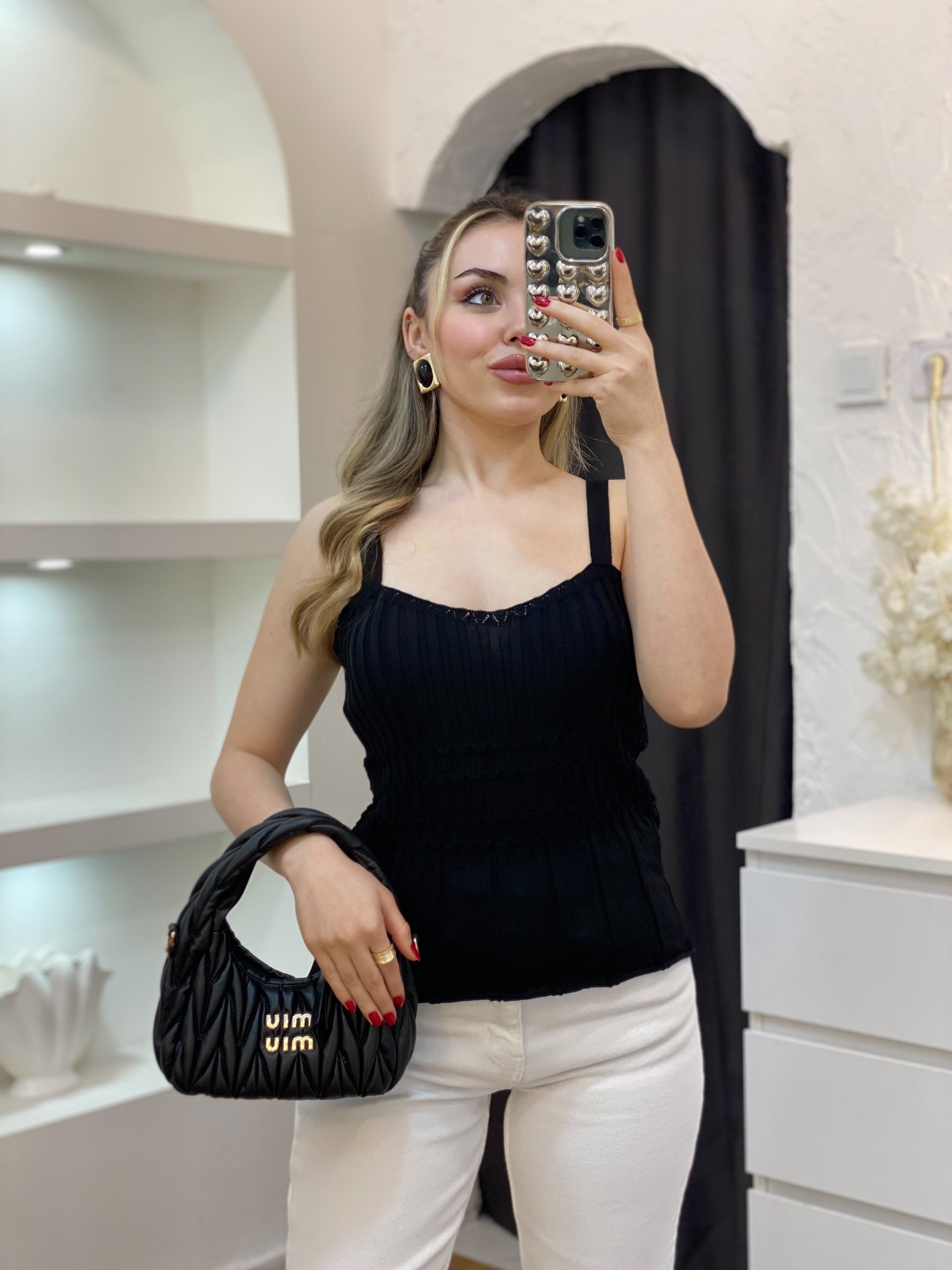 Siyah Desenli Askılı Triko Bluz