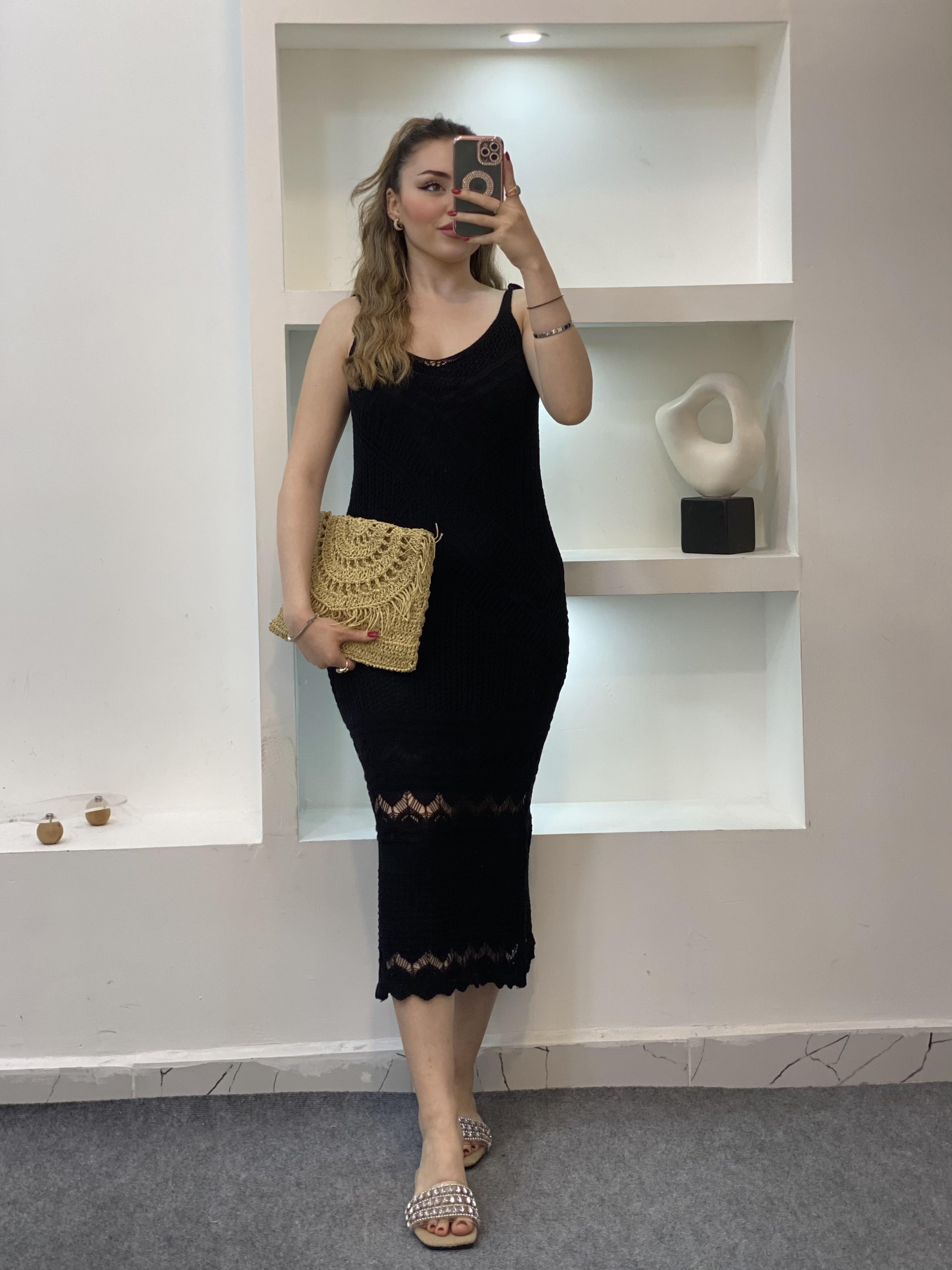 Siyah Desenli Triko Elbise