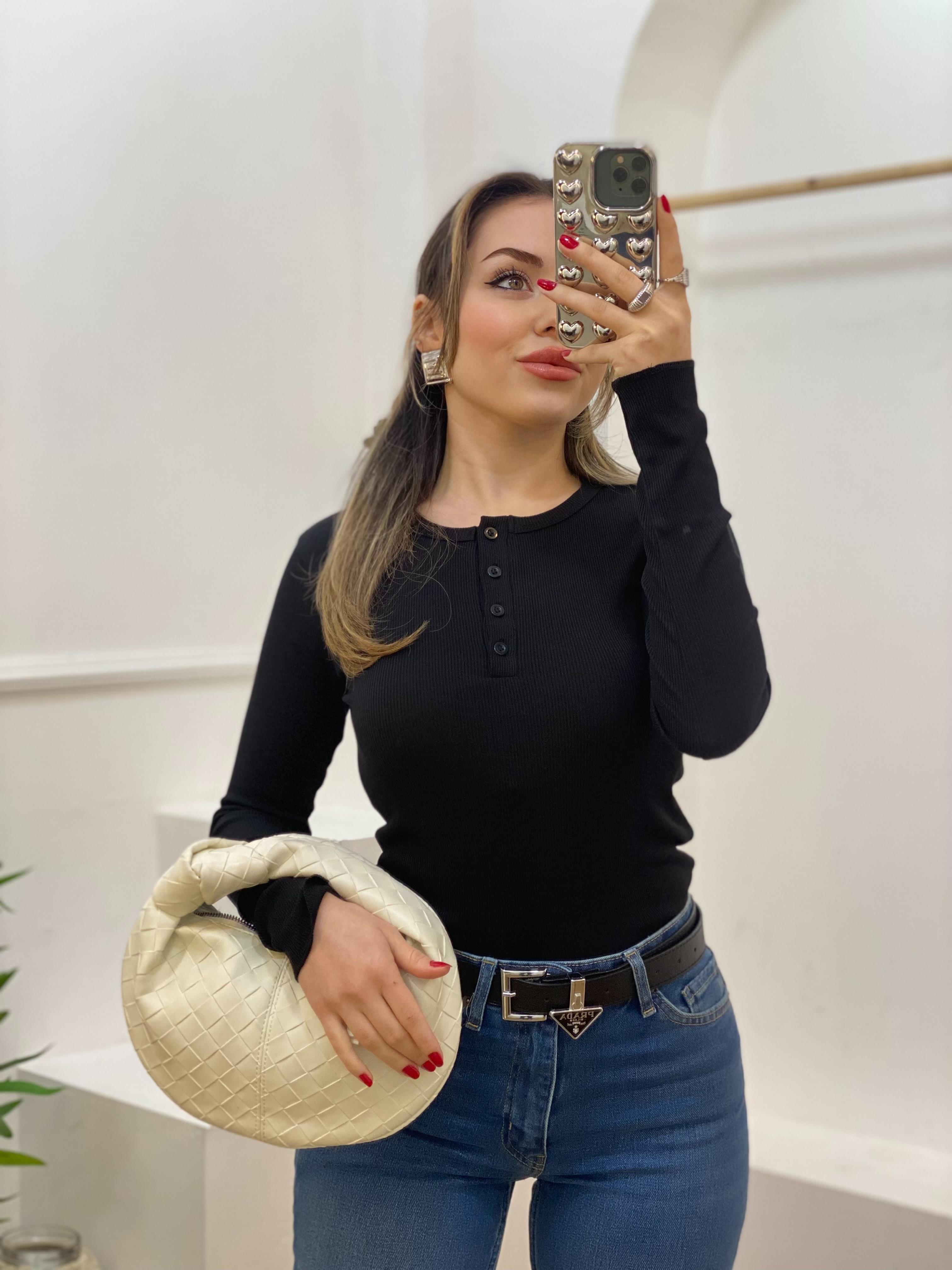 Siyah Düğmeli Fitilli Basic Bluz