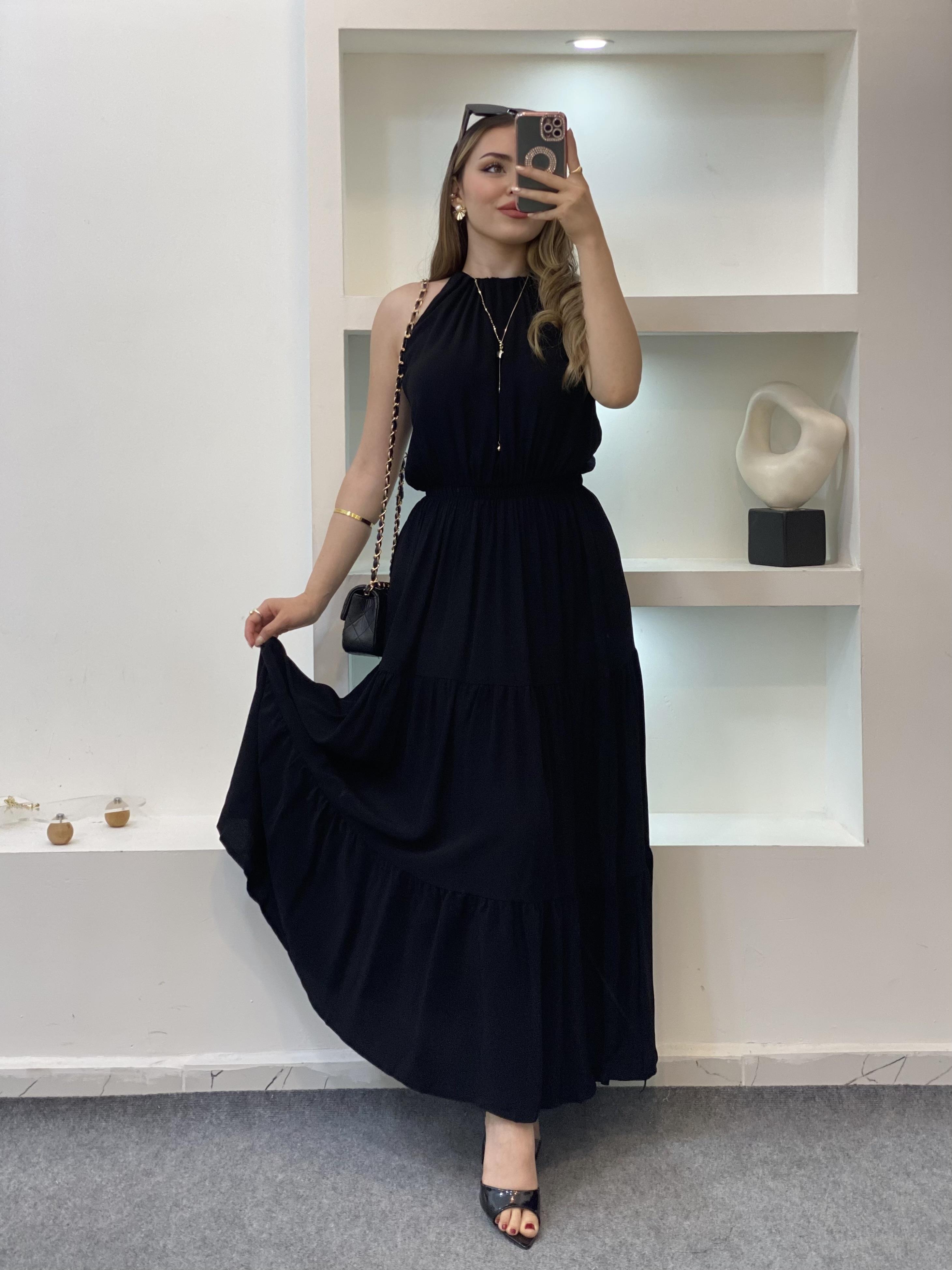 Siyah Halter Yaka Beli Lastikli Maroken Kumaş Elbise