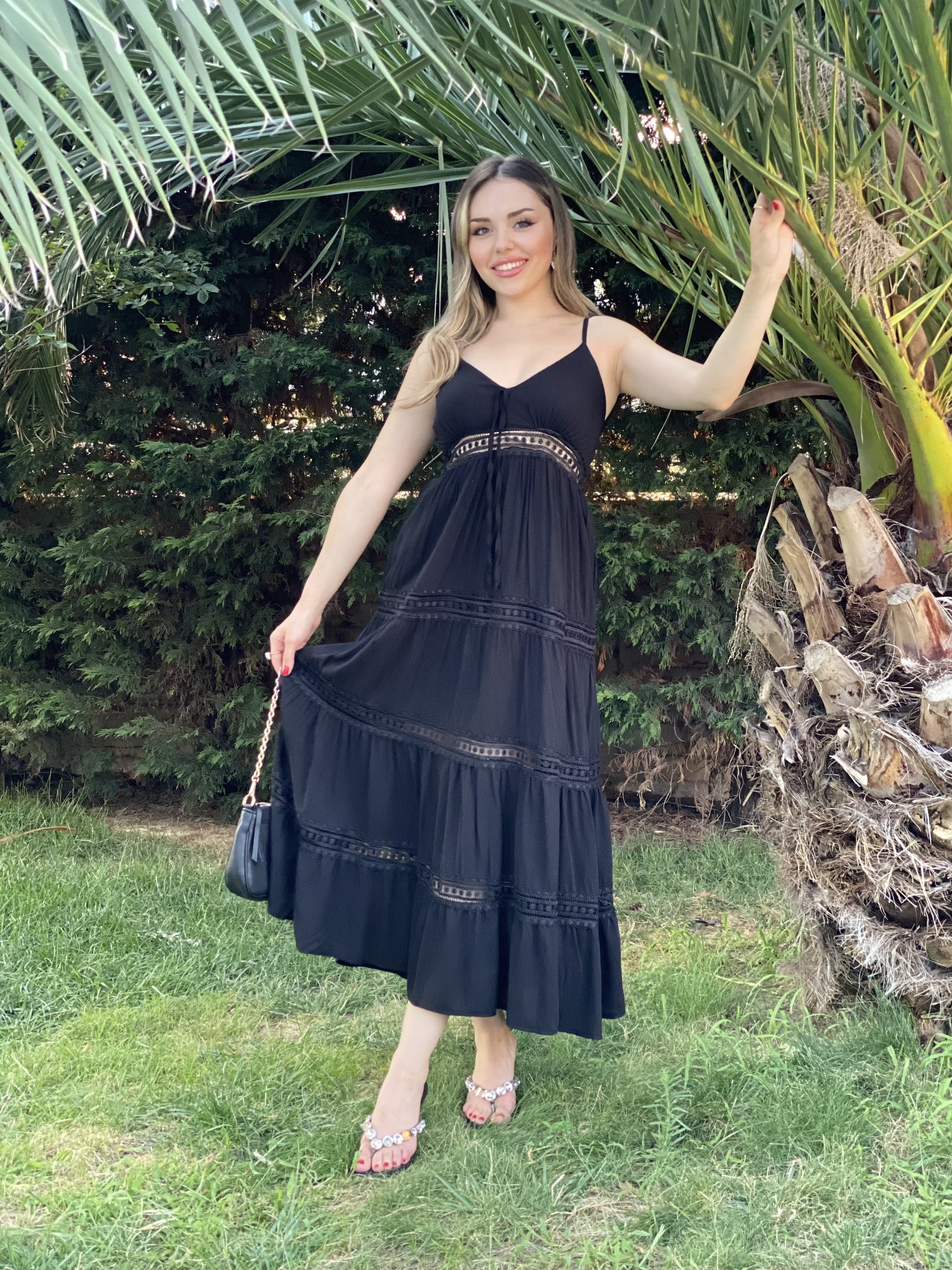 Siyah İp Askılı Nora Elbise 