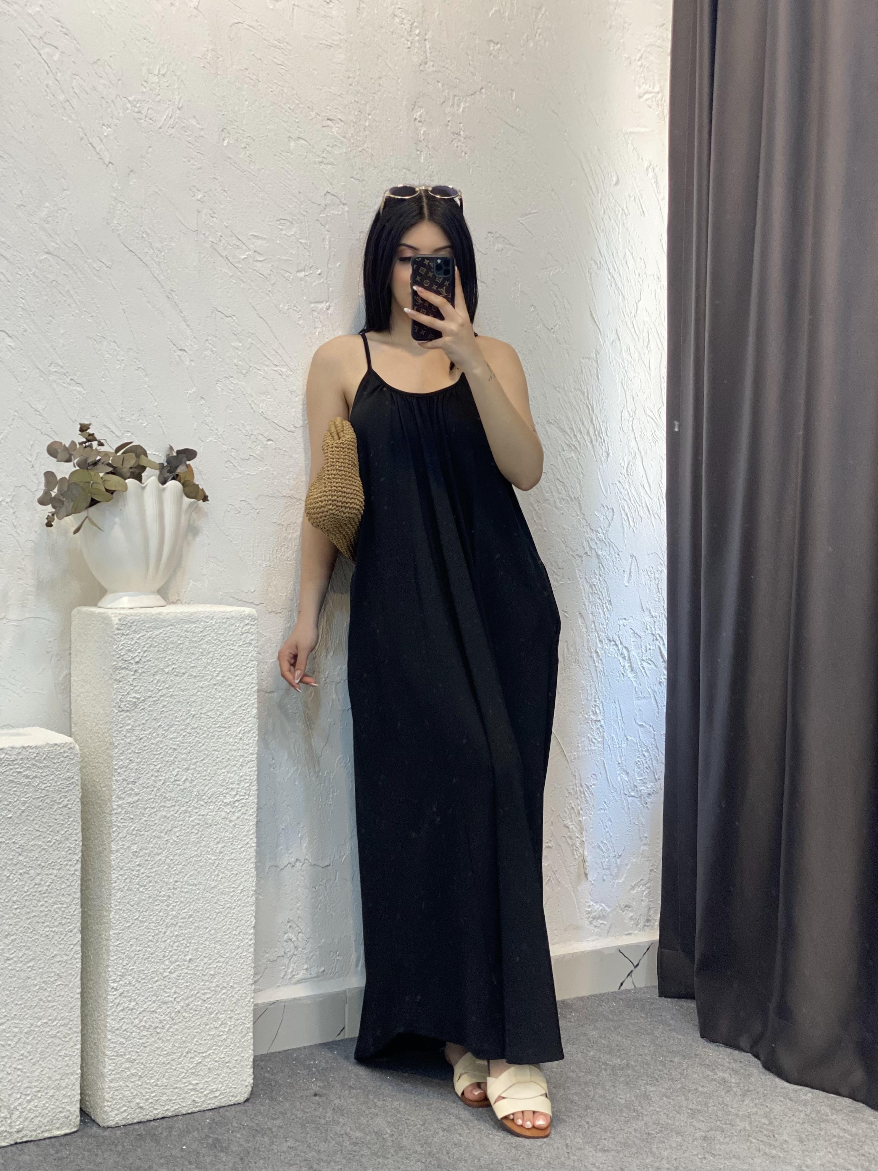 Siyah İp Ayarlanabilir Askılı Modal Kumaş Elbise 