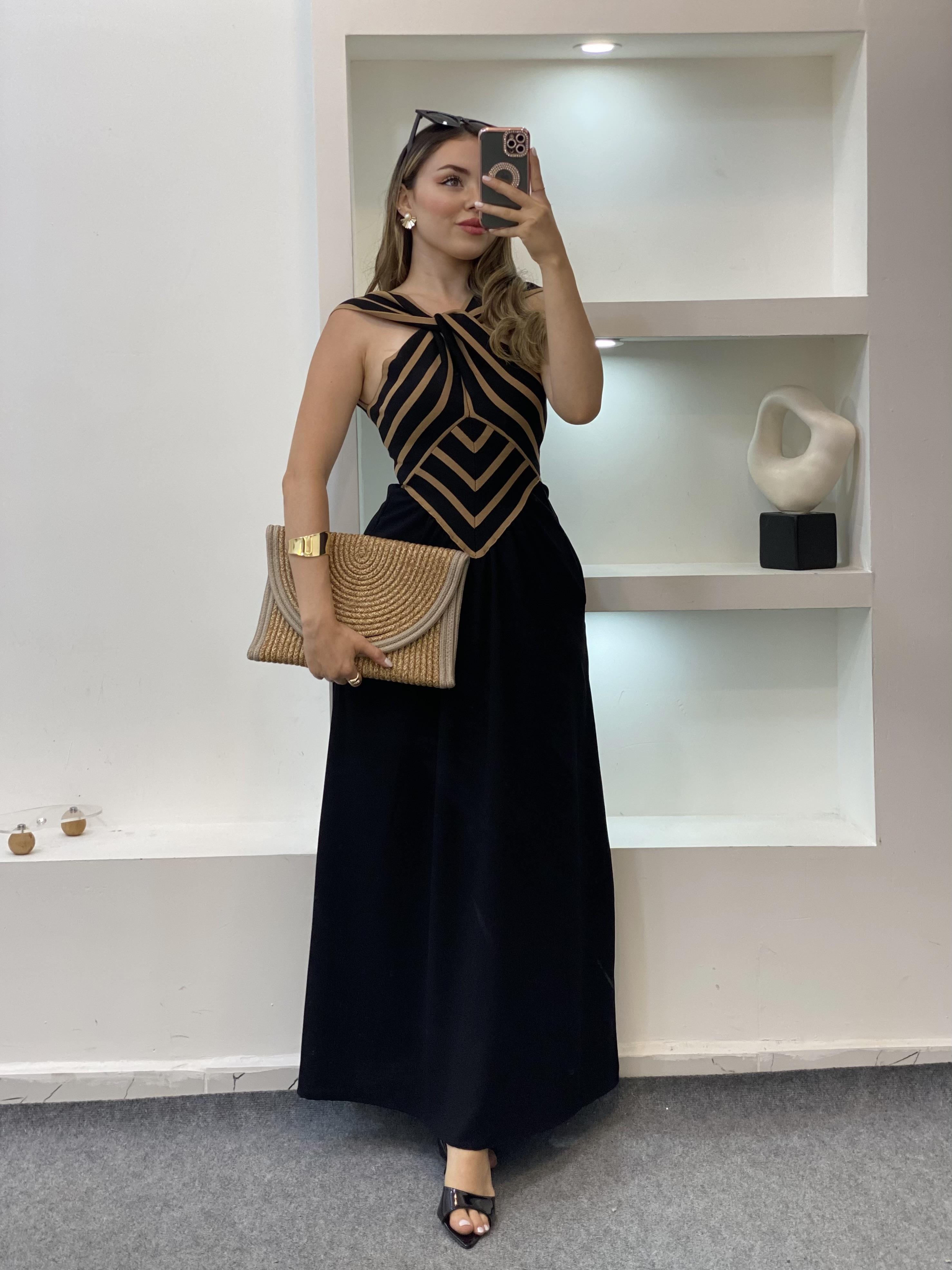 Siyah Kahve Triko Detaylı Geometrik Desenli Elbise