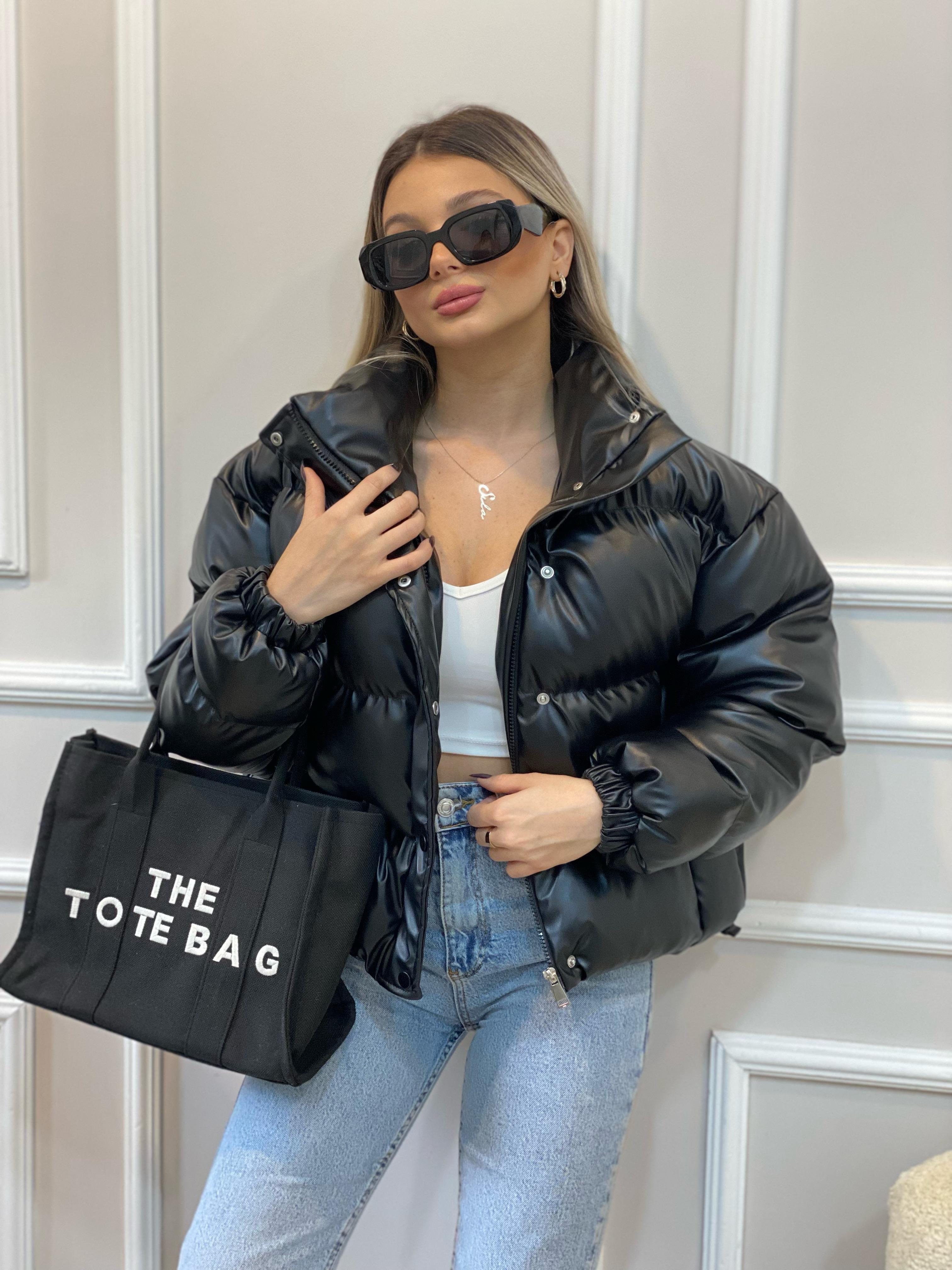 Siyah Kısa Form Elyaf Dolgulu Deri Mont 