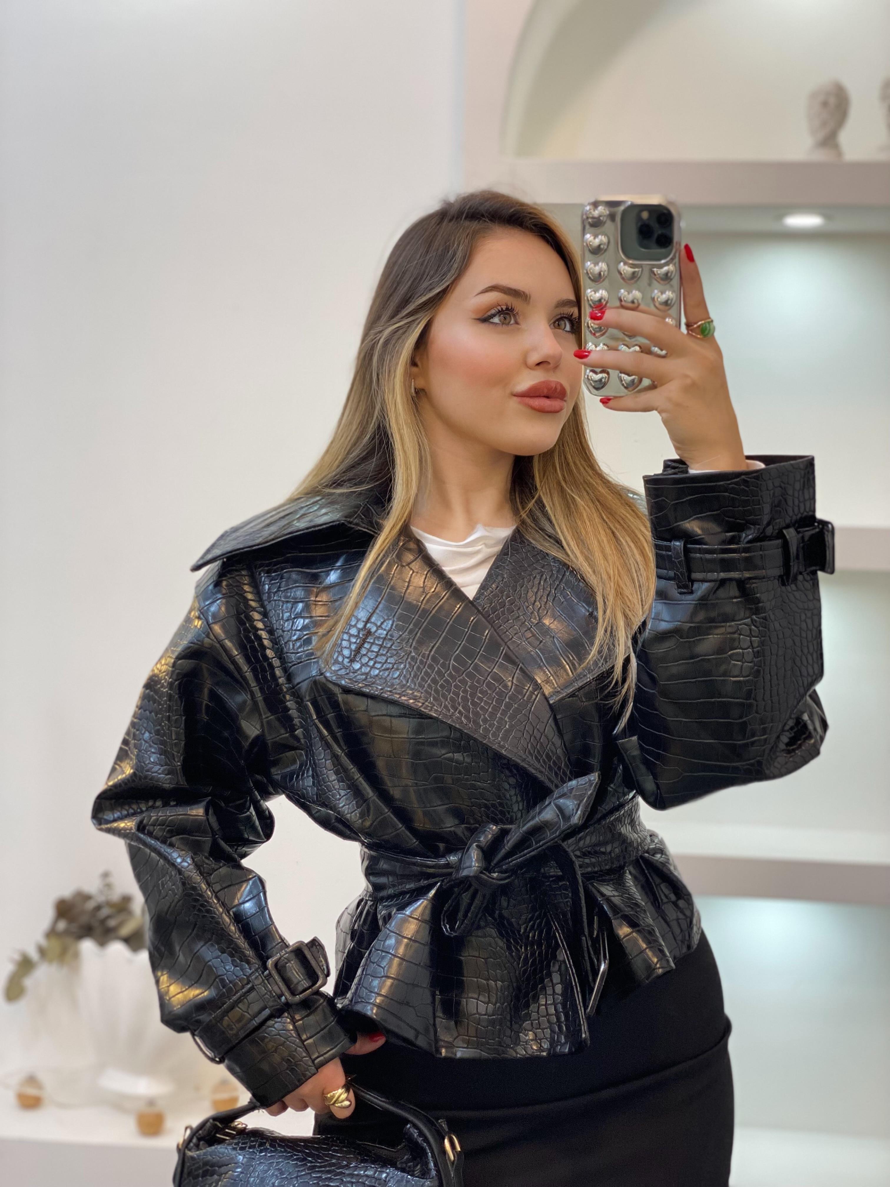 Siyah Krokodil Desen Deri Ceket