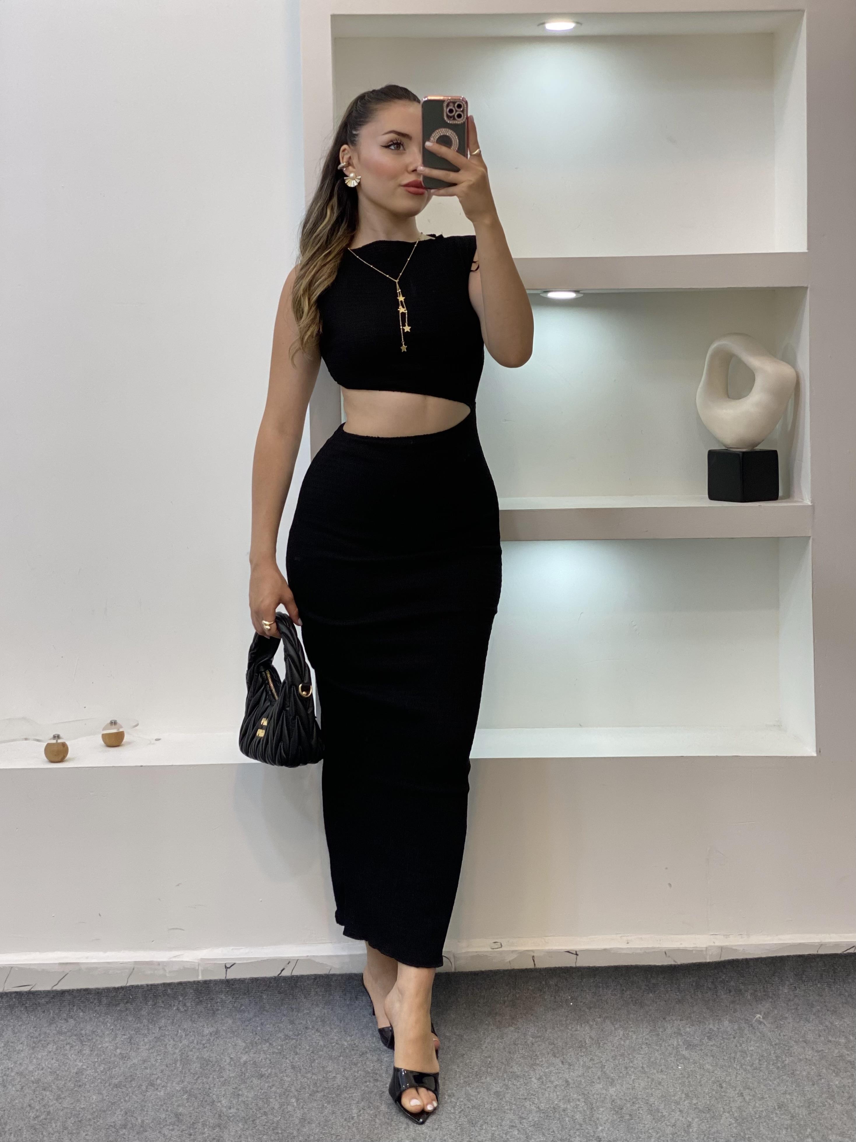 Siyah Likralı Bel Detaylı Elbise