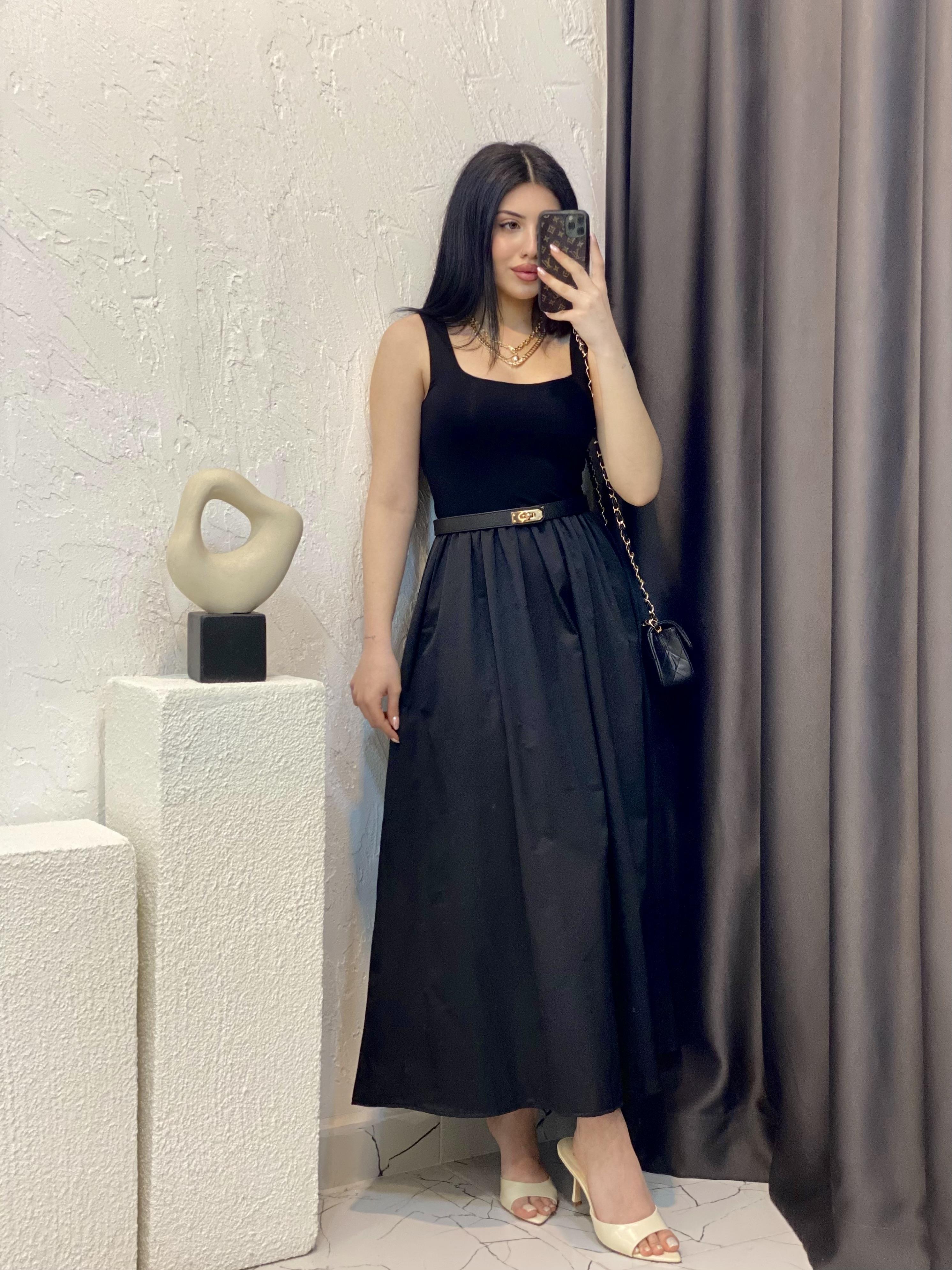 Siyah Navy Kare Yaka Elbise