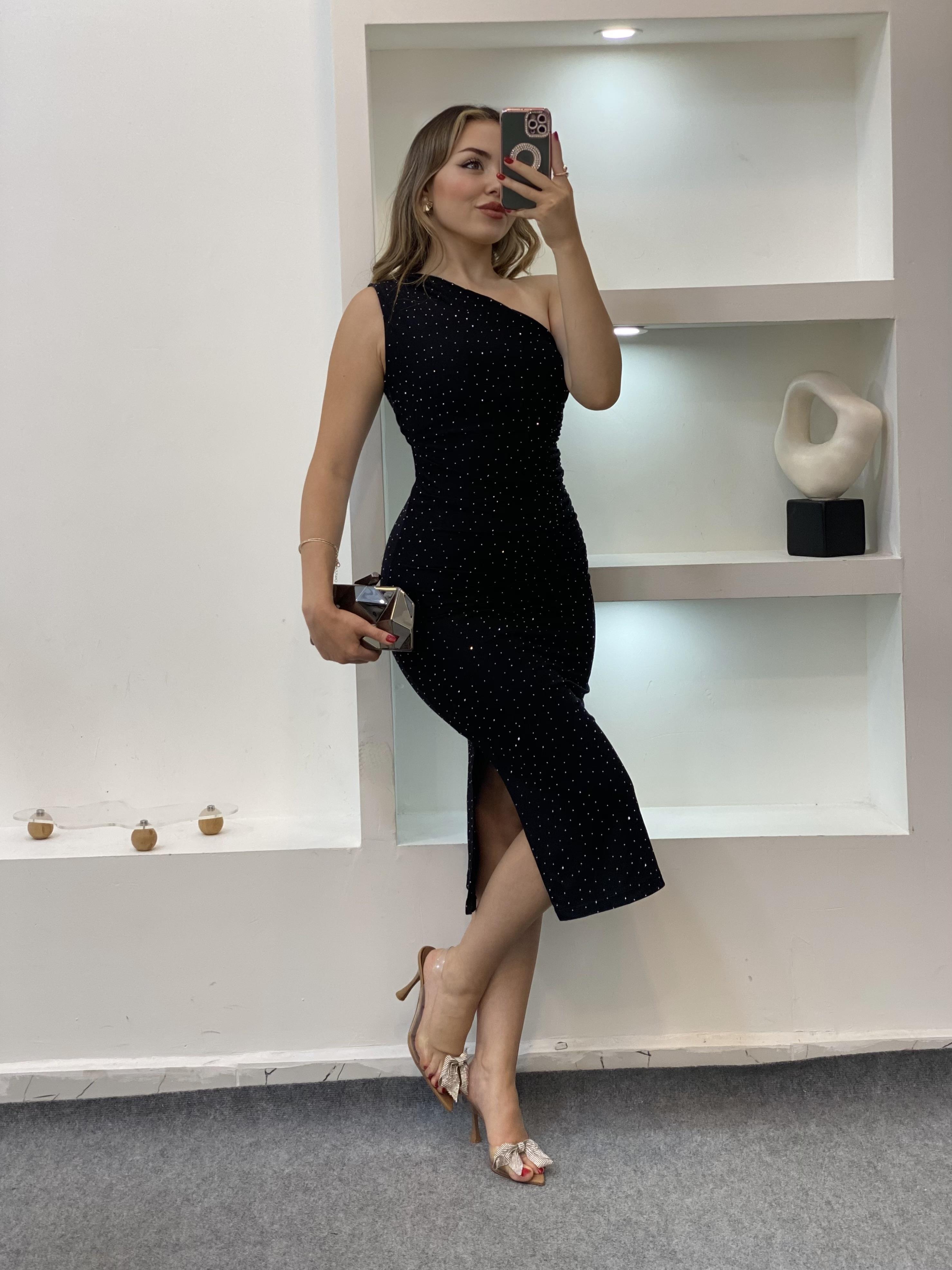 Siyah Parıltılı Taşlı Elbise