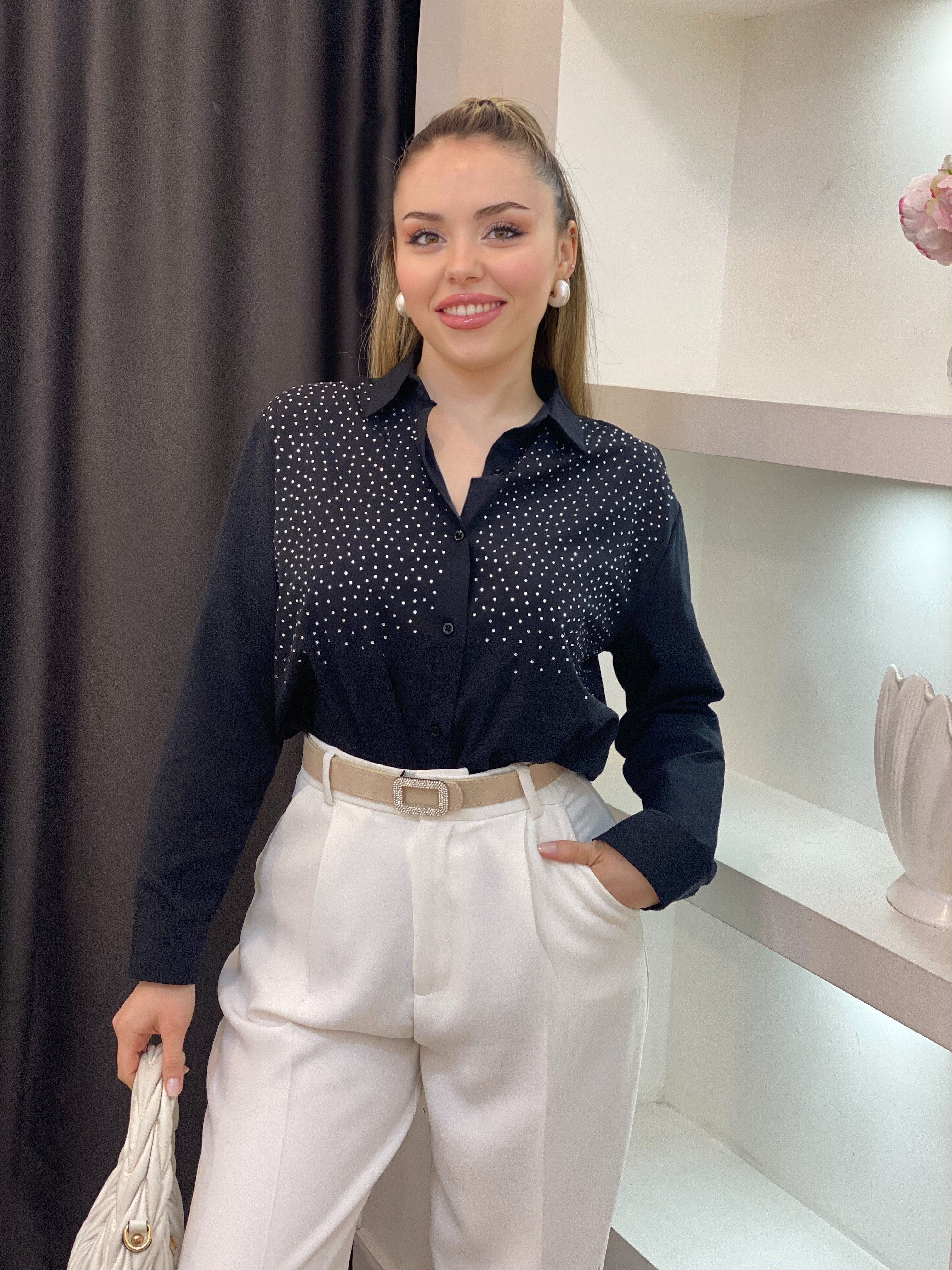 Siyah Parıltılı Taşlı Gömlek 