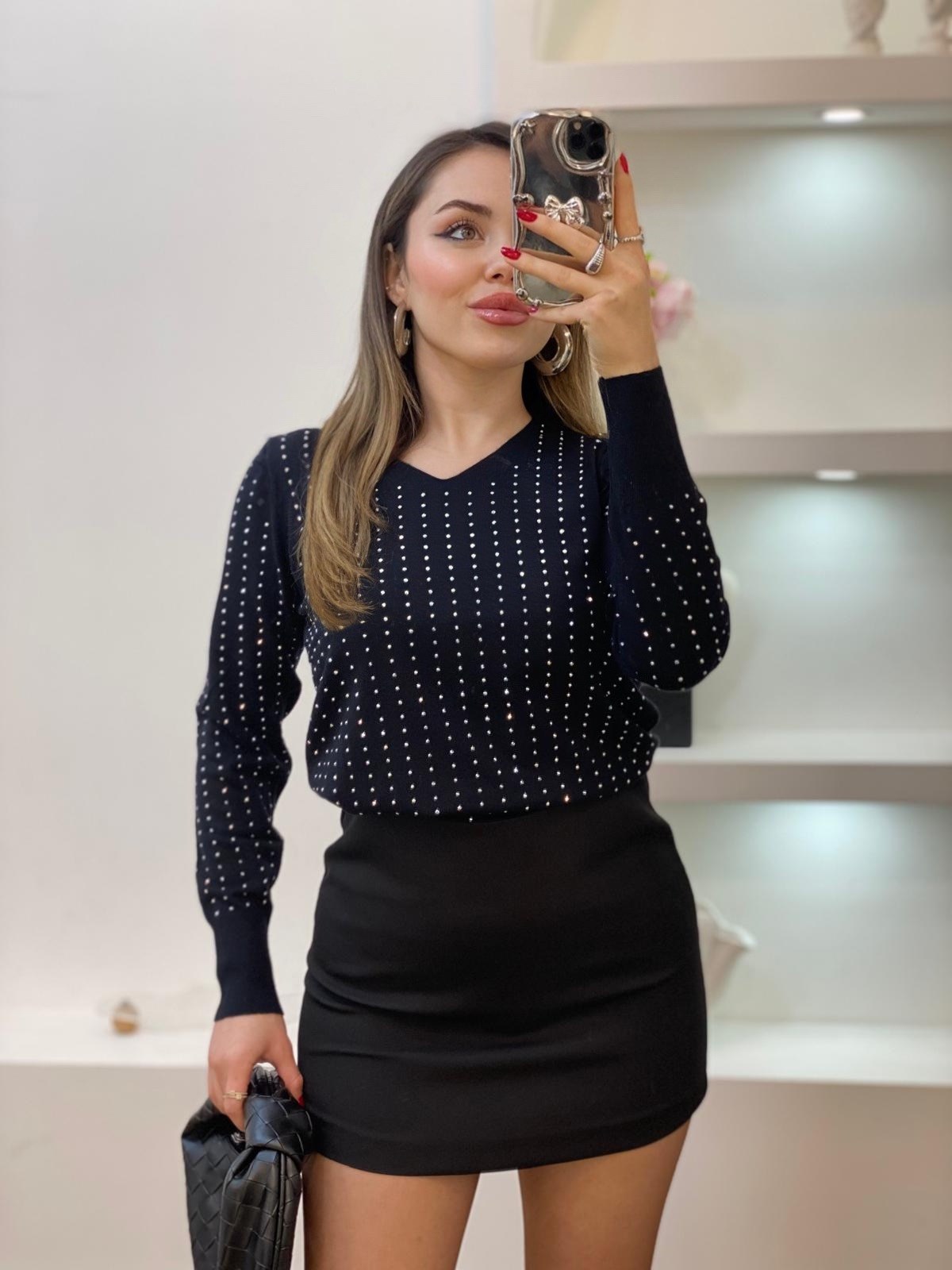 Siyah Parıltılı Taşlı Triko Bluz