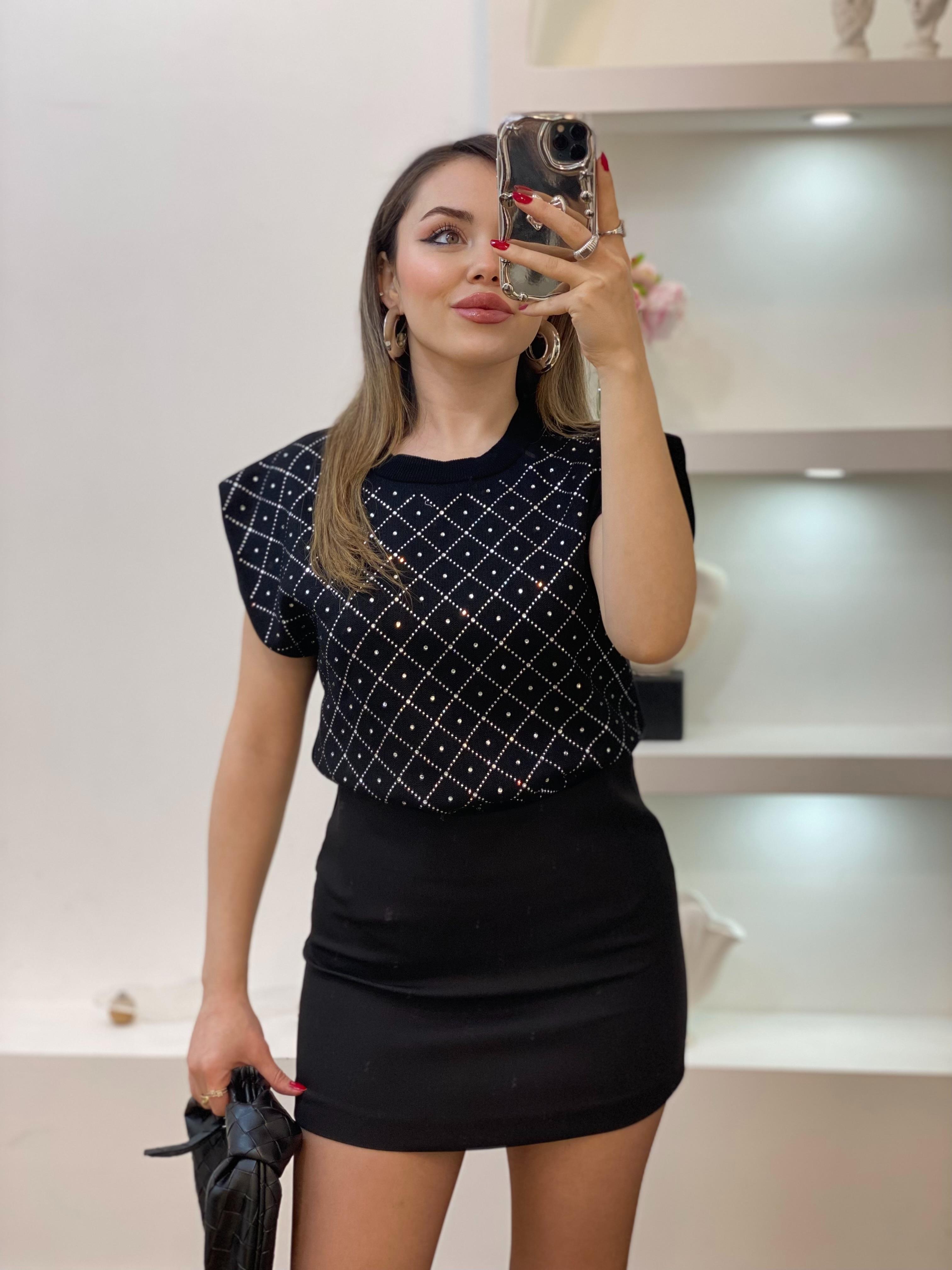 Siyah Parıltılı Taşlı Triko Bluz