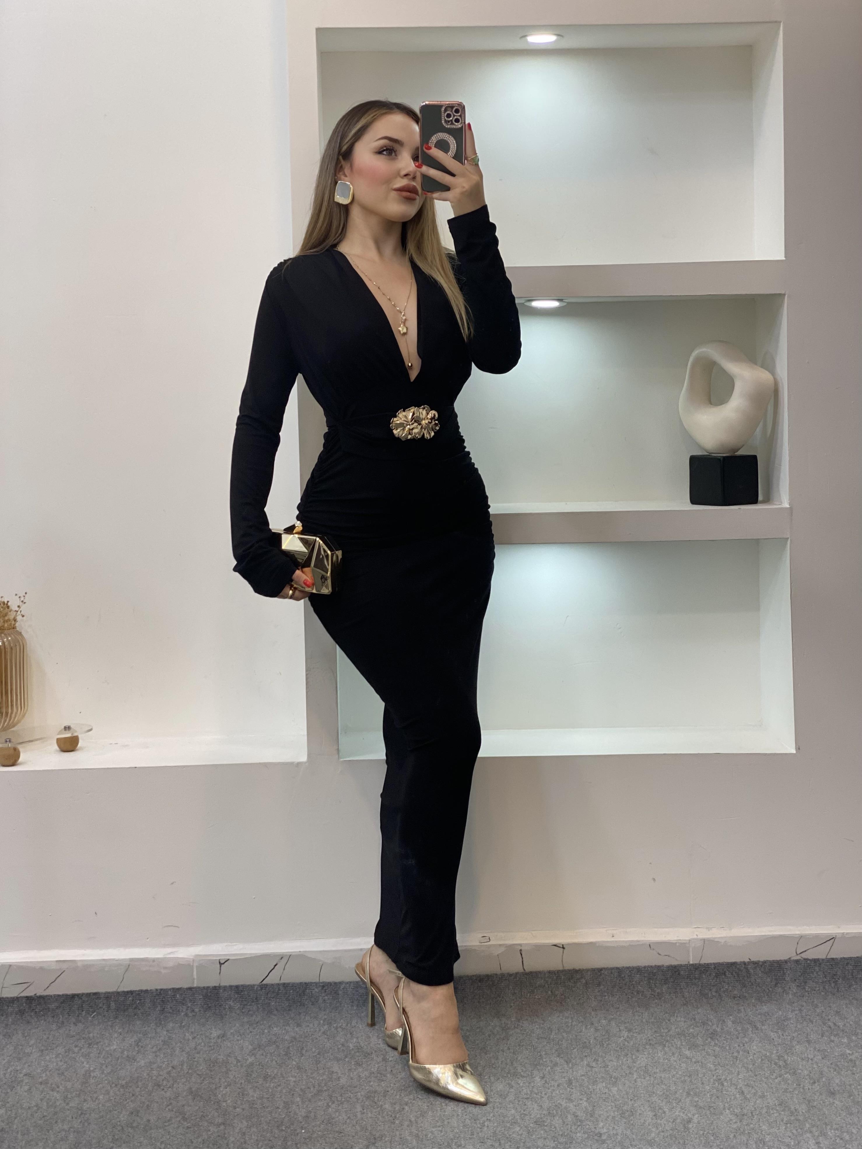 Siyah Premium Kalite Gold Broşlu Elbise