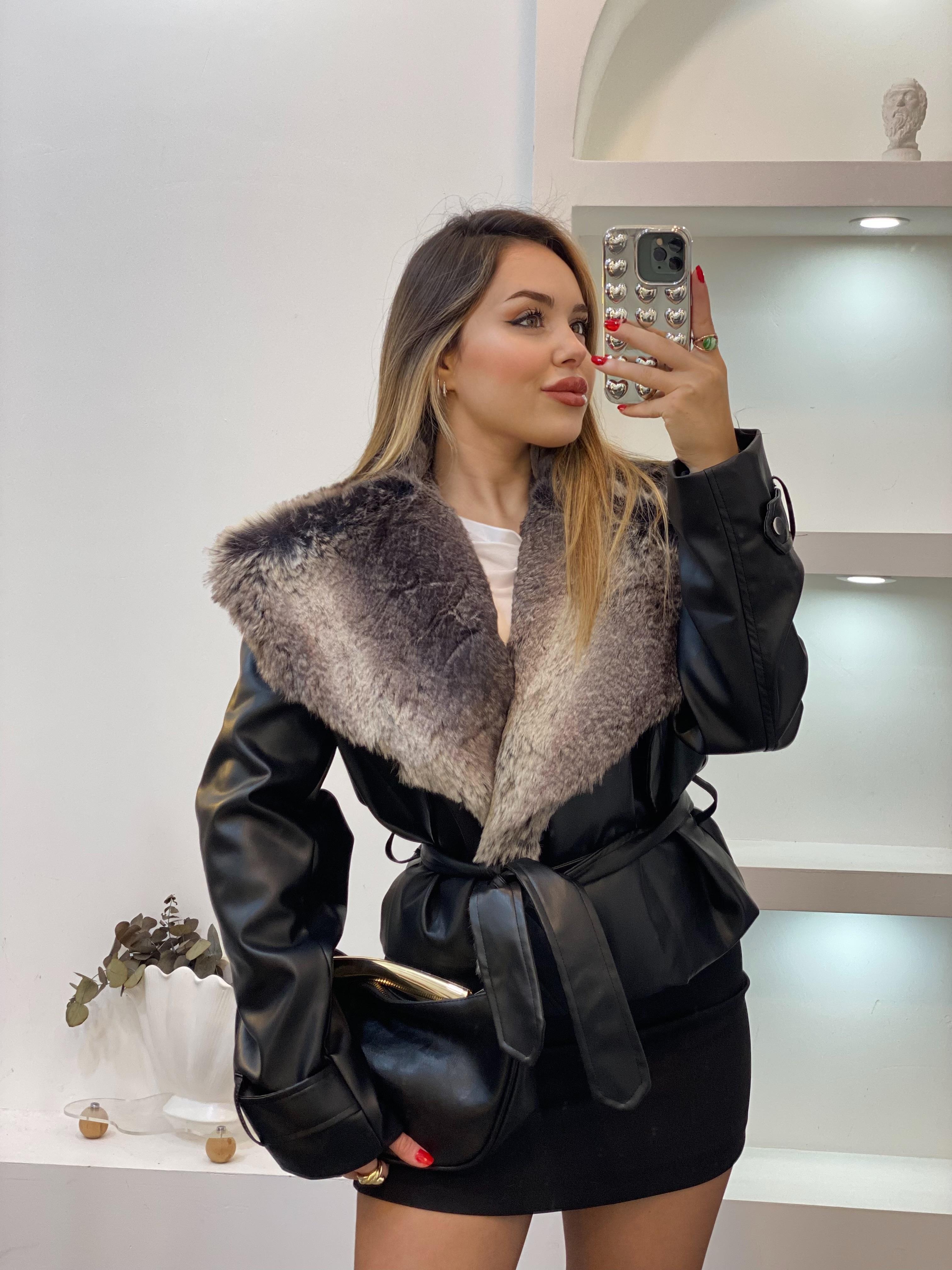 Siyah Premium Kürk Yaka Deri Ceket