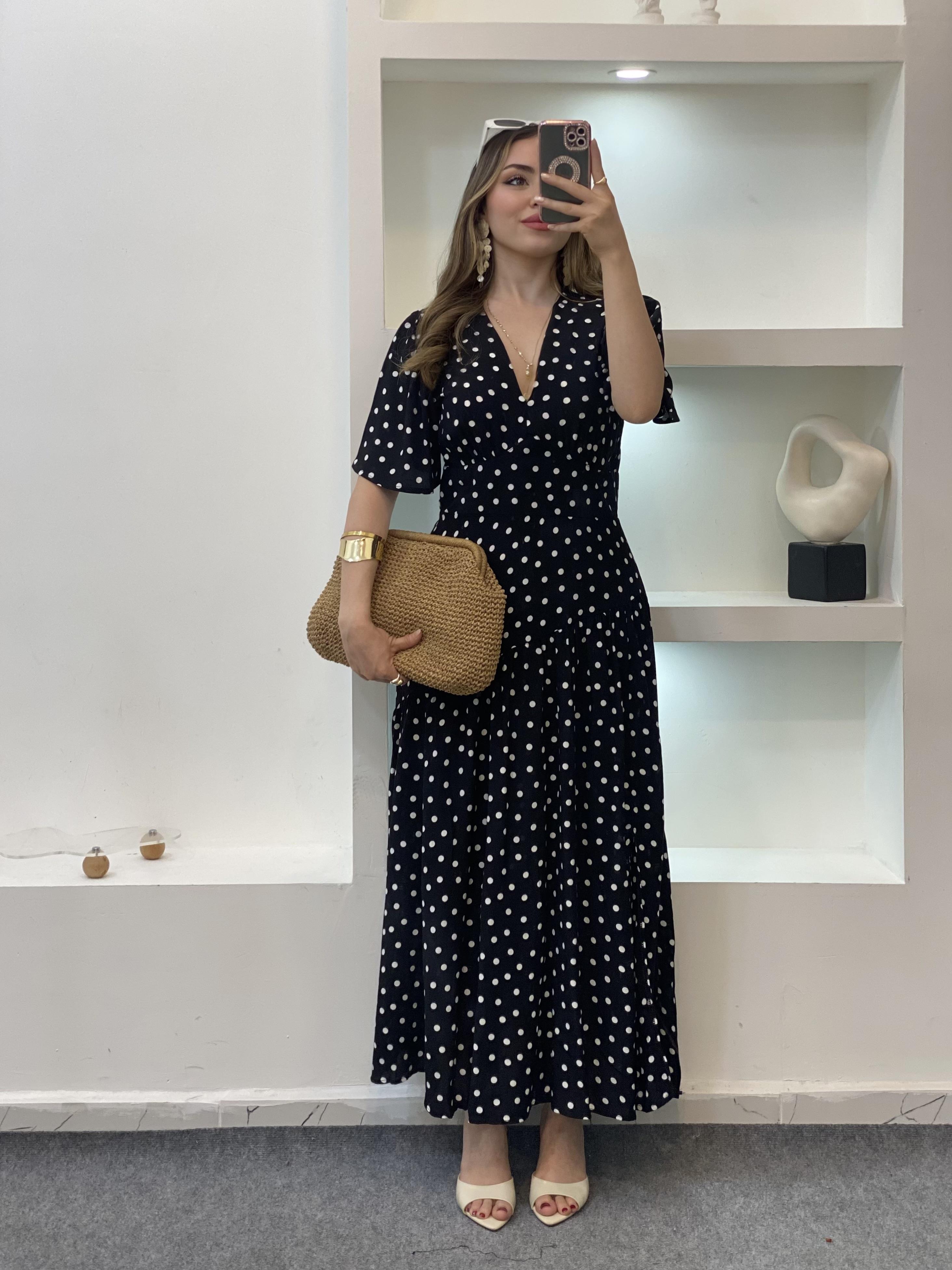 Siyah Puantiyeli Midi Boy Elbise