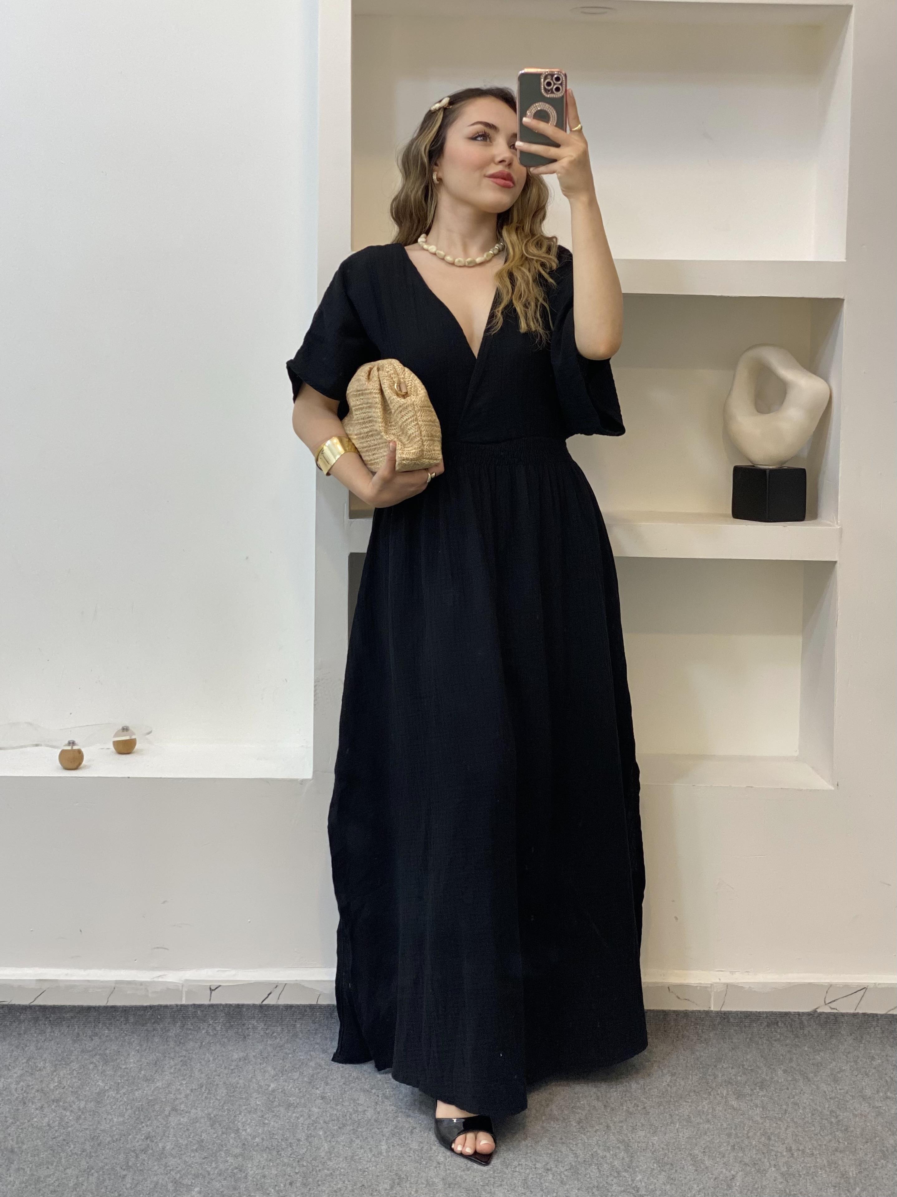 Siyah Rahat Kalıp Müslin Elbise