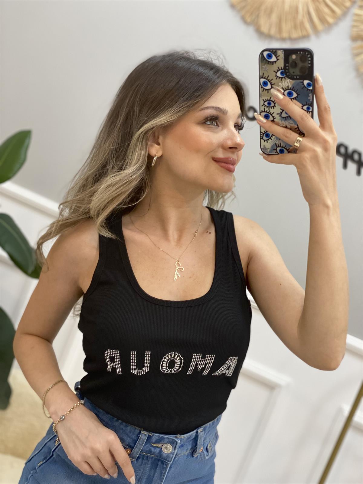 Siyah Taşlı Amour Askılı Uzun Crop