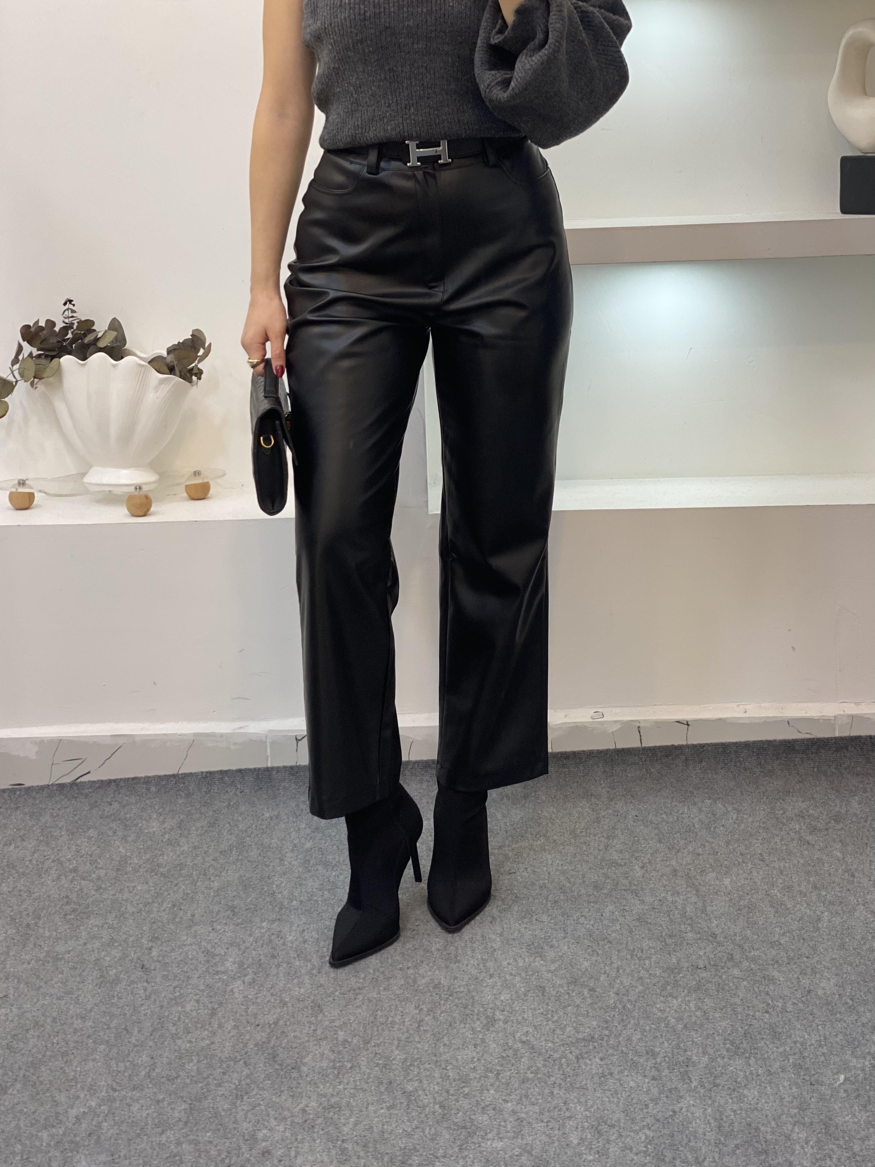 Siyah Yüksek Bel Deri Pantolon 