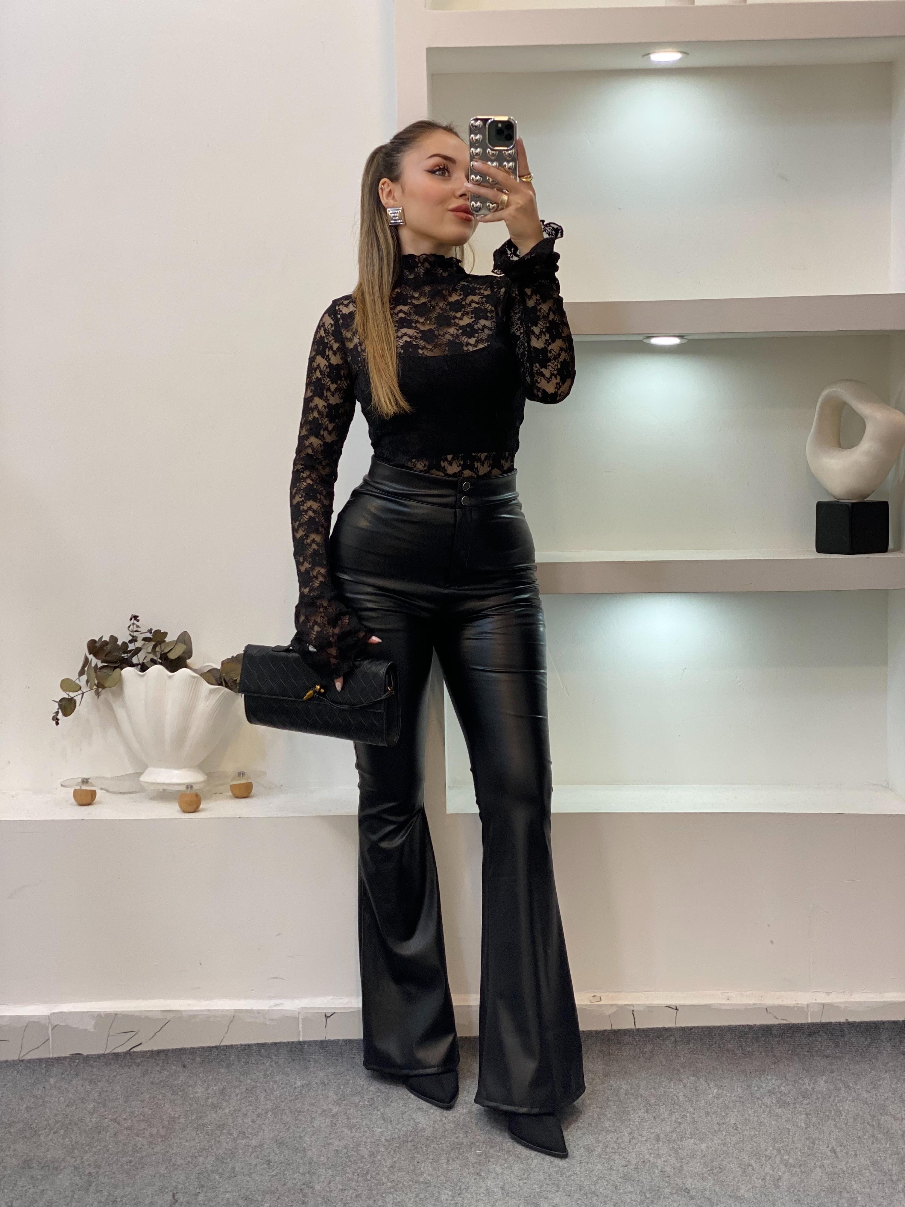 Siyah Yüksek Bel İspanyol Deri Pantolon 