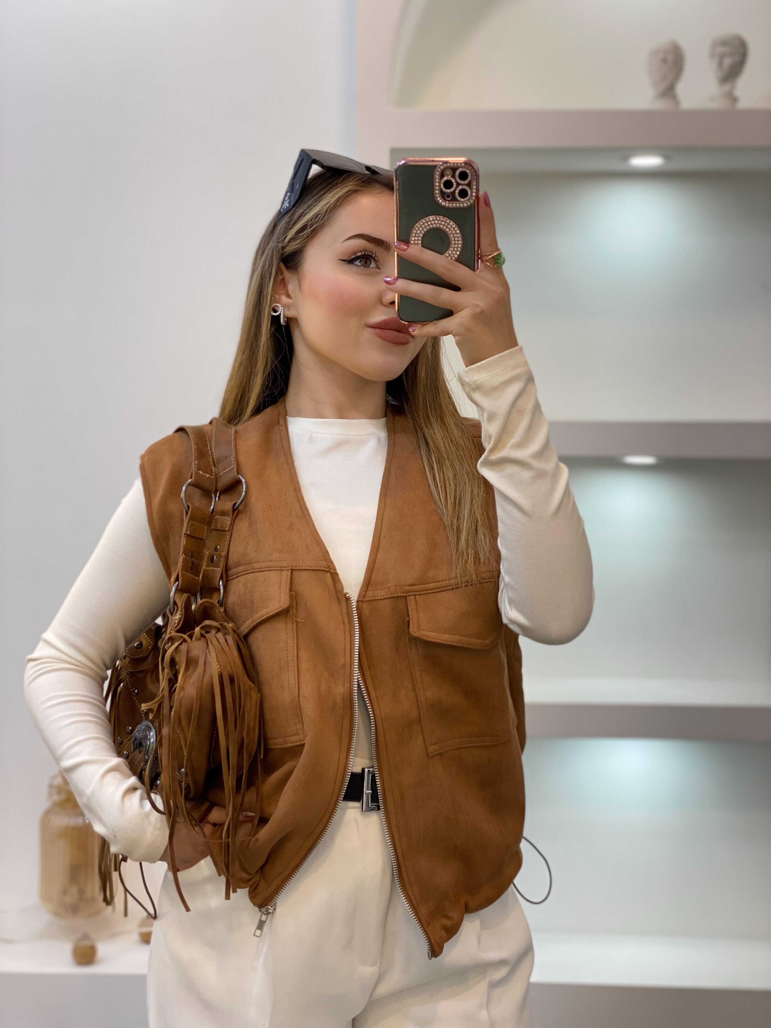 Taba Renk Süet Önü Cepli Yelek