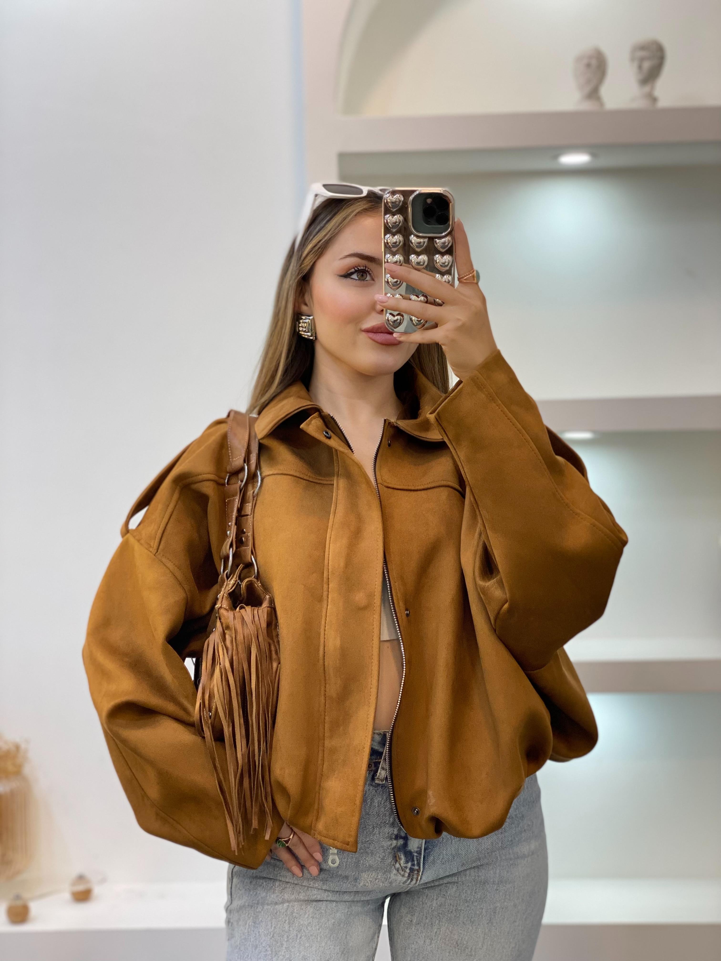 Taba Renk Süet Premium Kalite Omuz Apoletli Bomber Ceket 