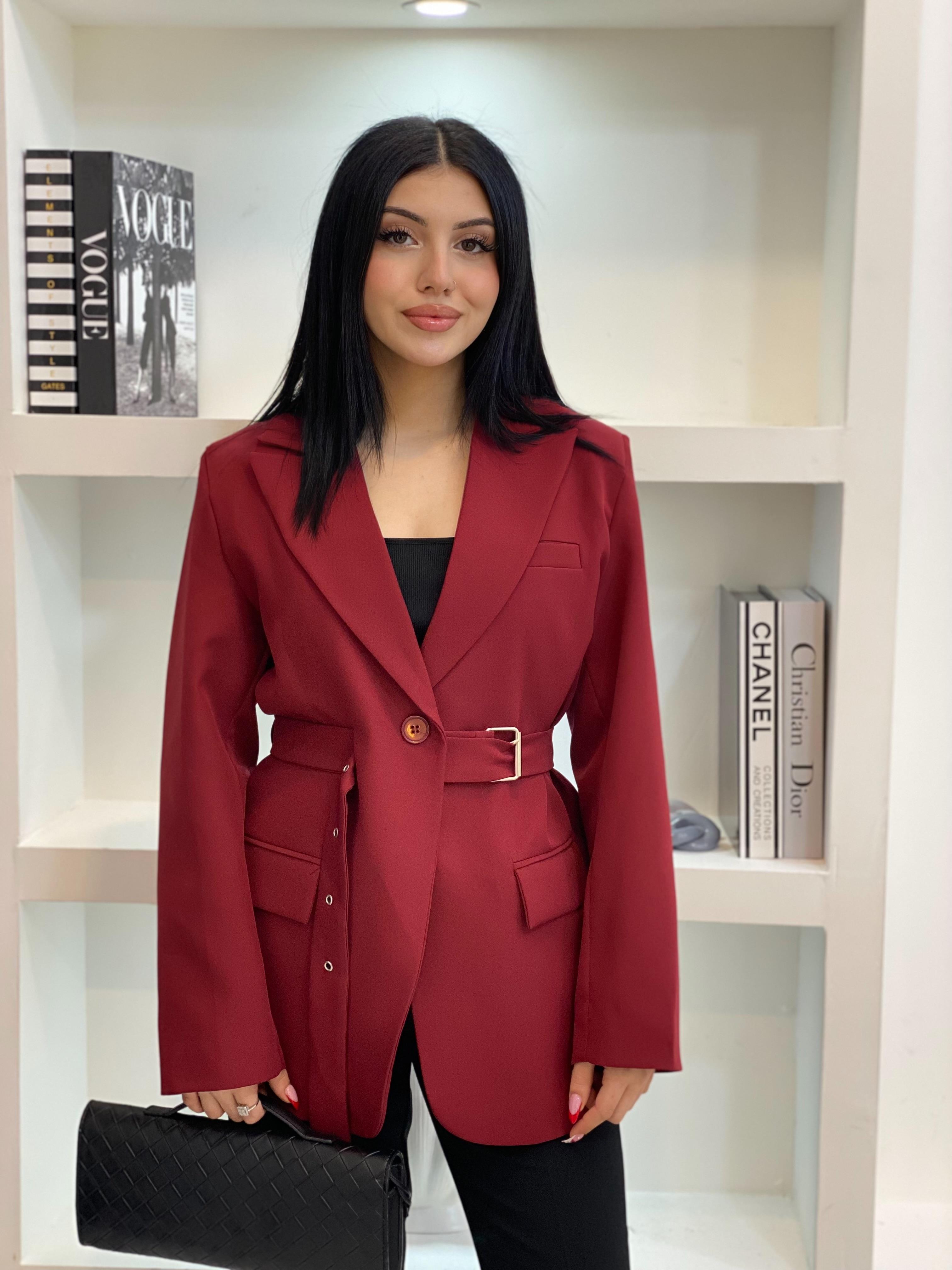 Tasarım Bordo Oversize Beli Kemerli Blazer Ceket