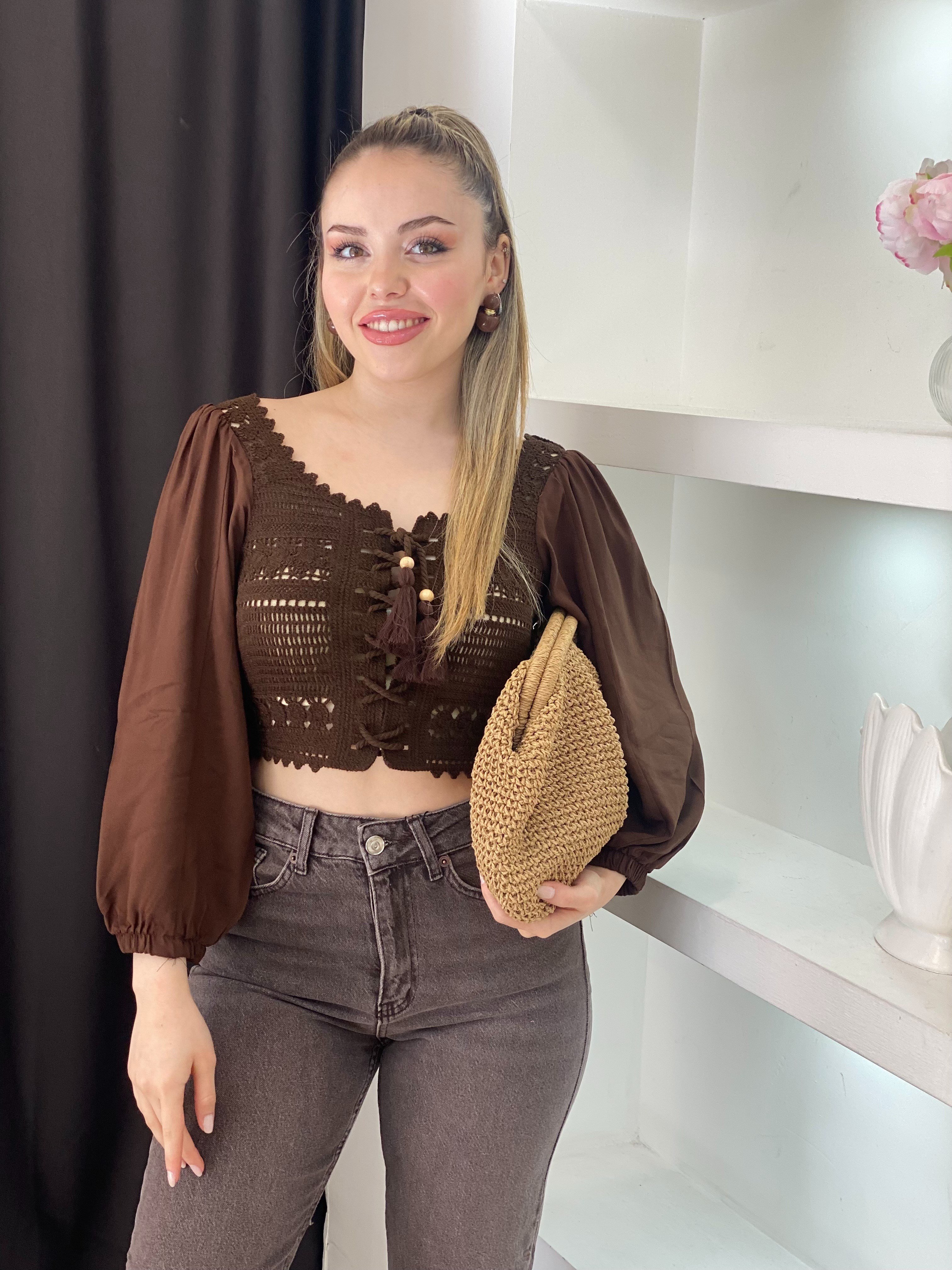 Tasarım Kahve Önü Bağlamalı Model Dantel Bluz 