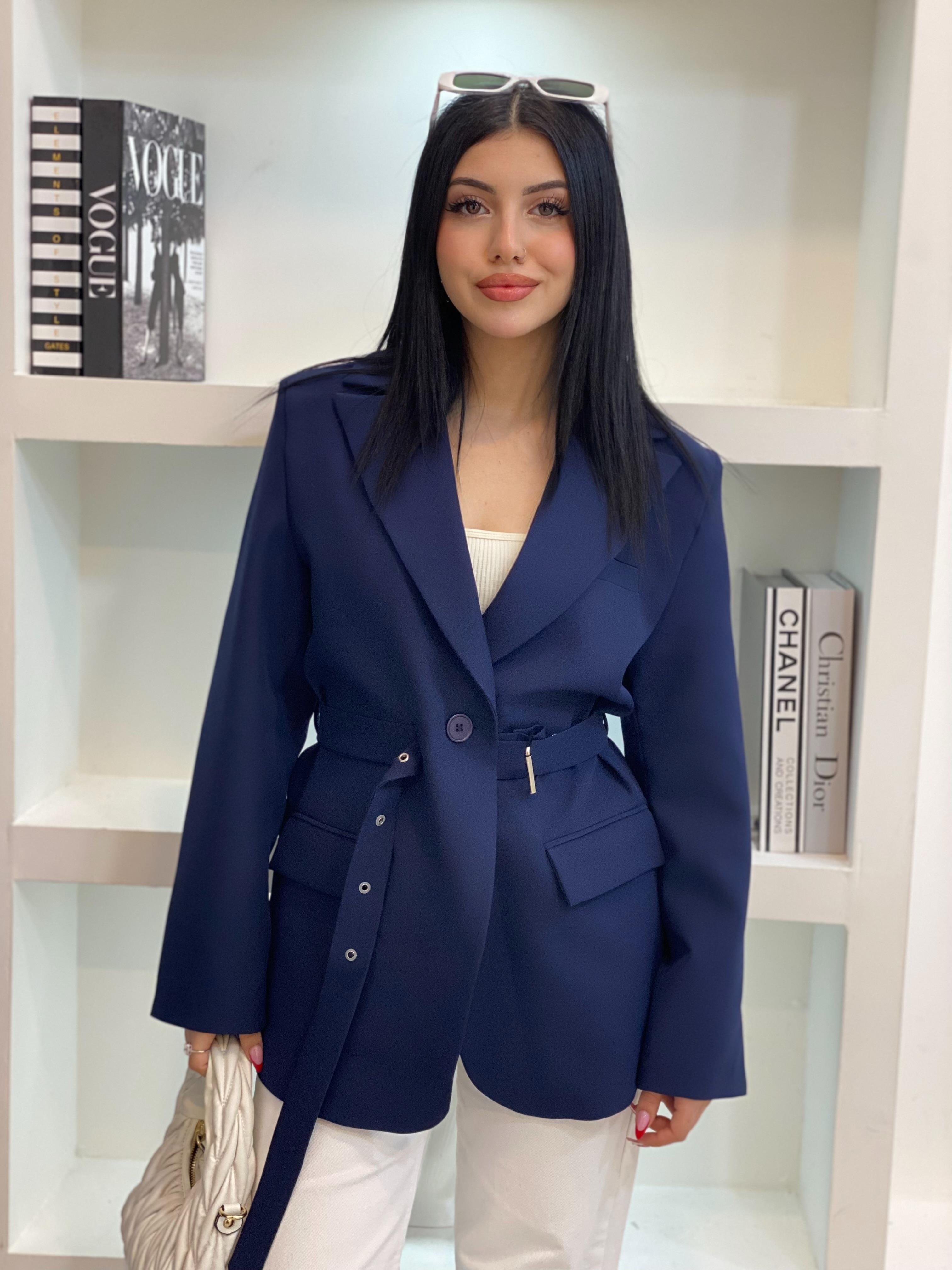 Tasarım Lacivert Oversize Beli Kemerli Blazer Ceket