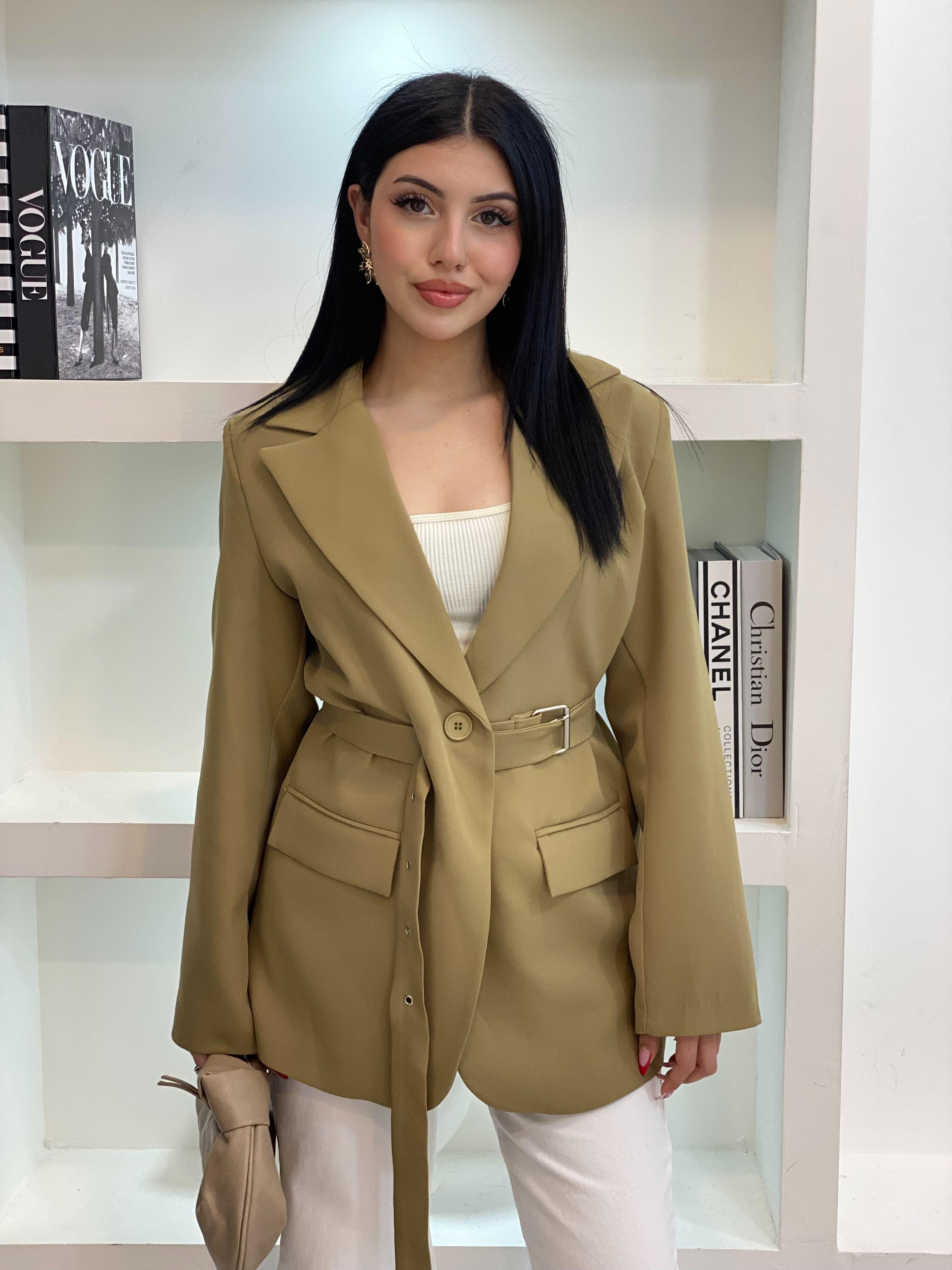 Tasarım Yağ Yeşili Oversize Beli Kemerli Blazer Ceket