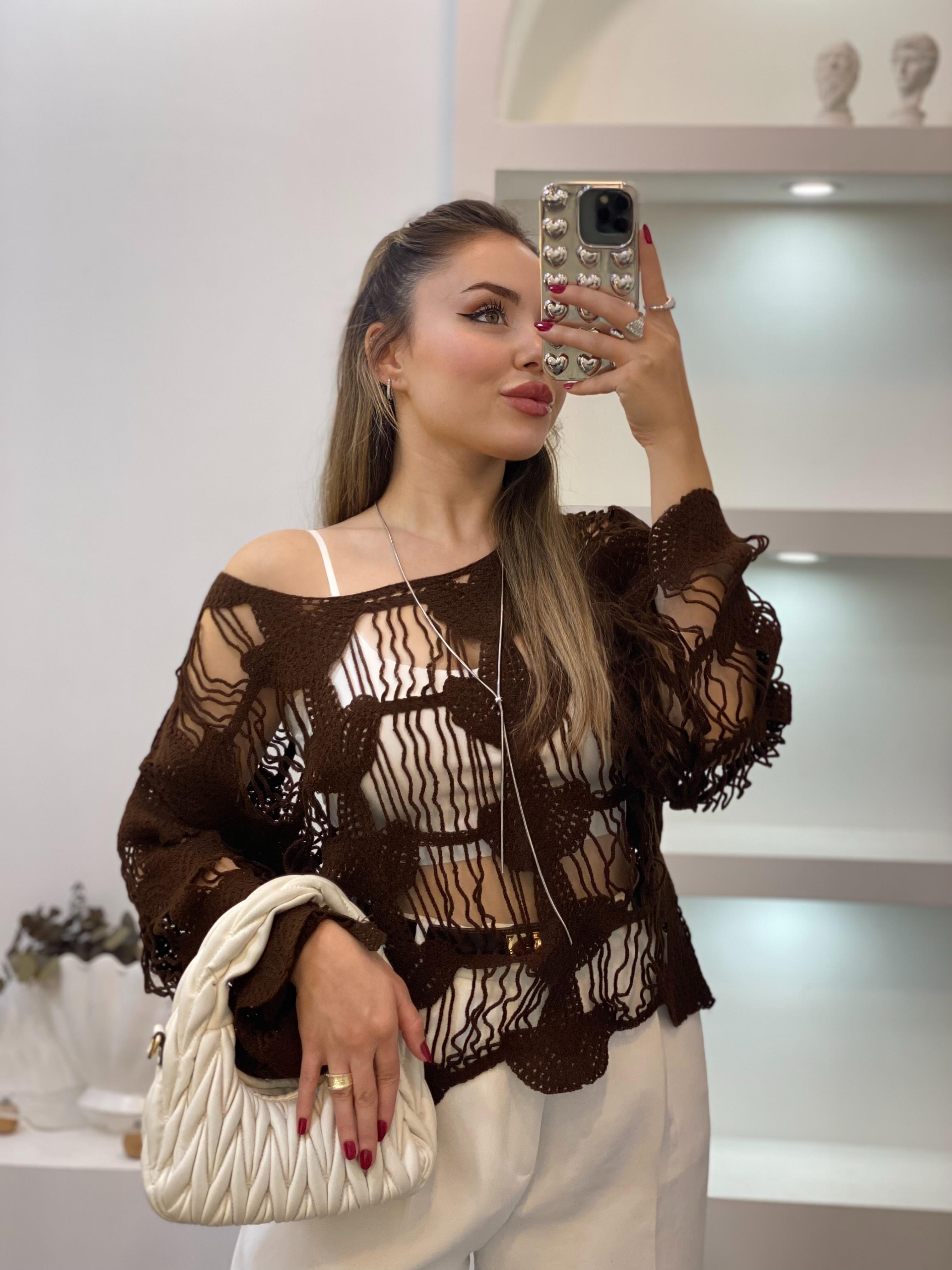 Tasarım Yaprak Desen Kahve Dantel Bluz 