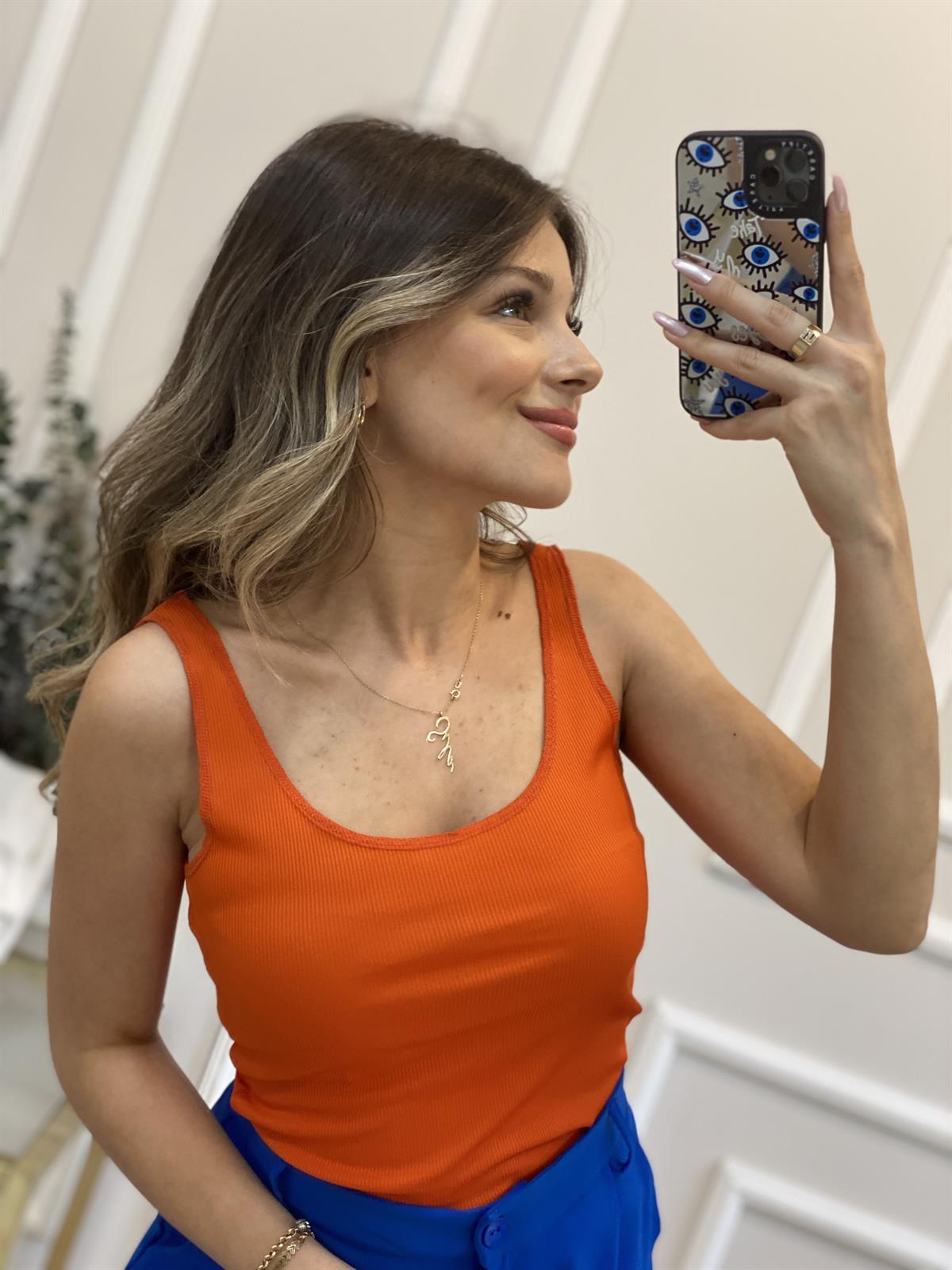 Turuncu Dikişli Askılı Uzun Crop