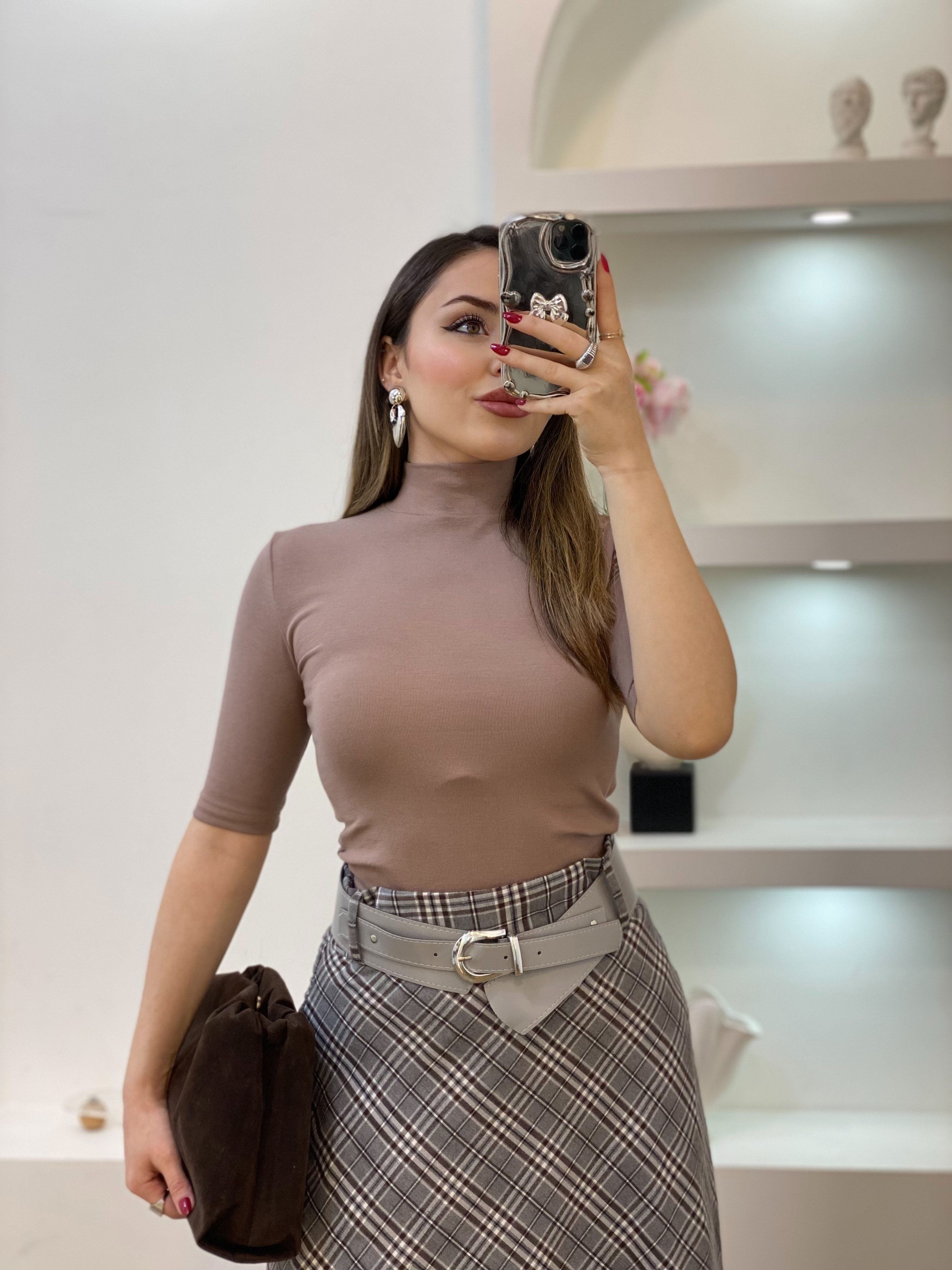 Vanilya Renk Likralı Premium Yarım Boğazlı Bluz