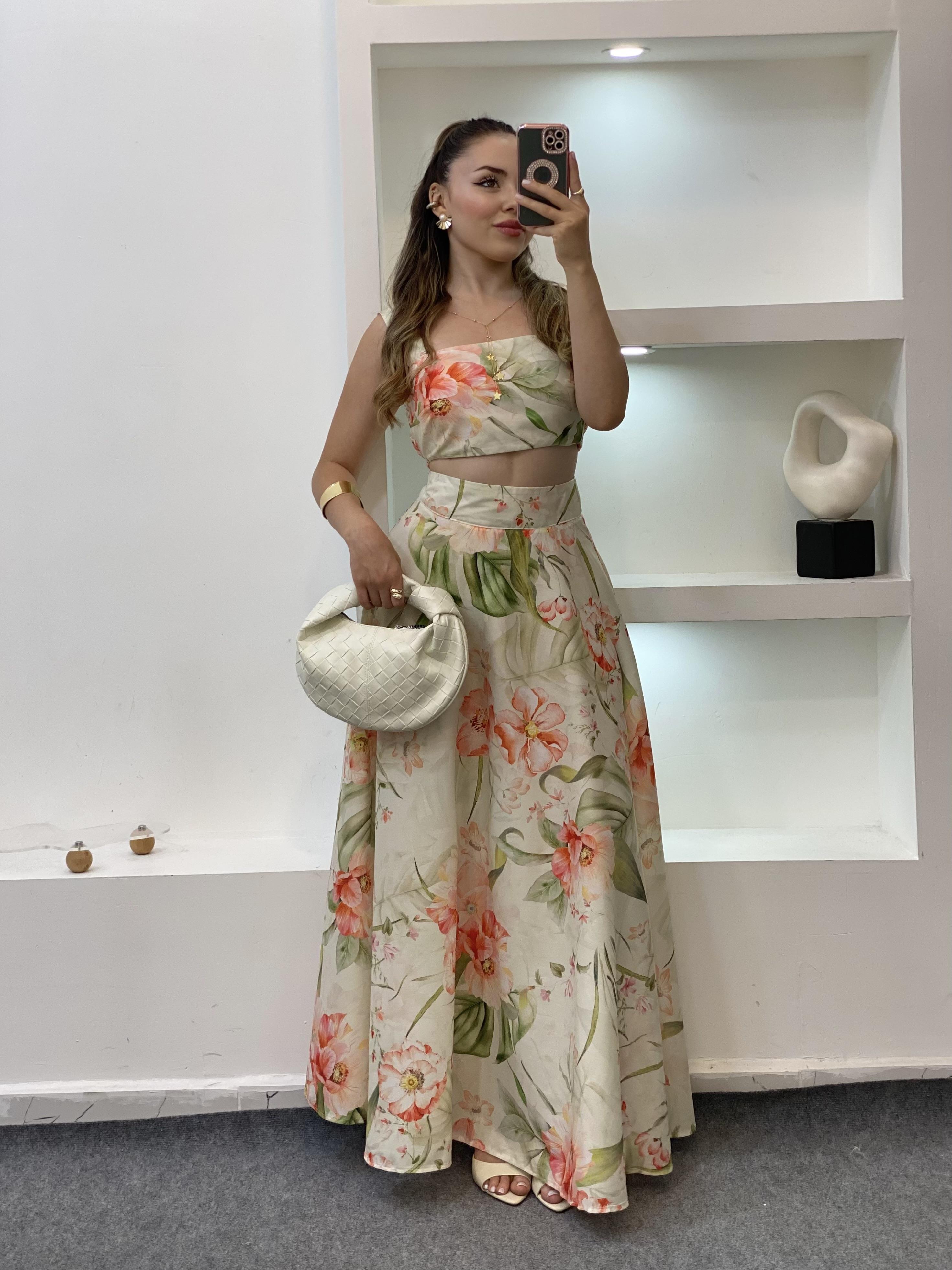 Yeşil Desenli Crop Bluz Etek Takım