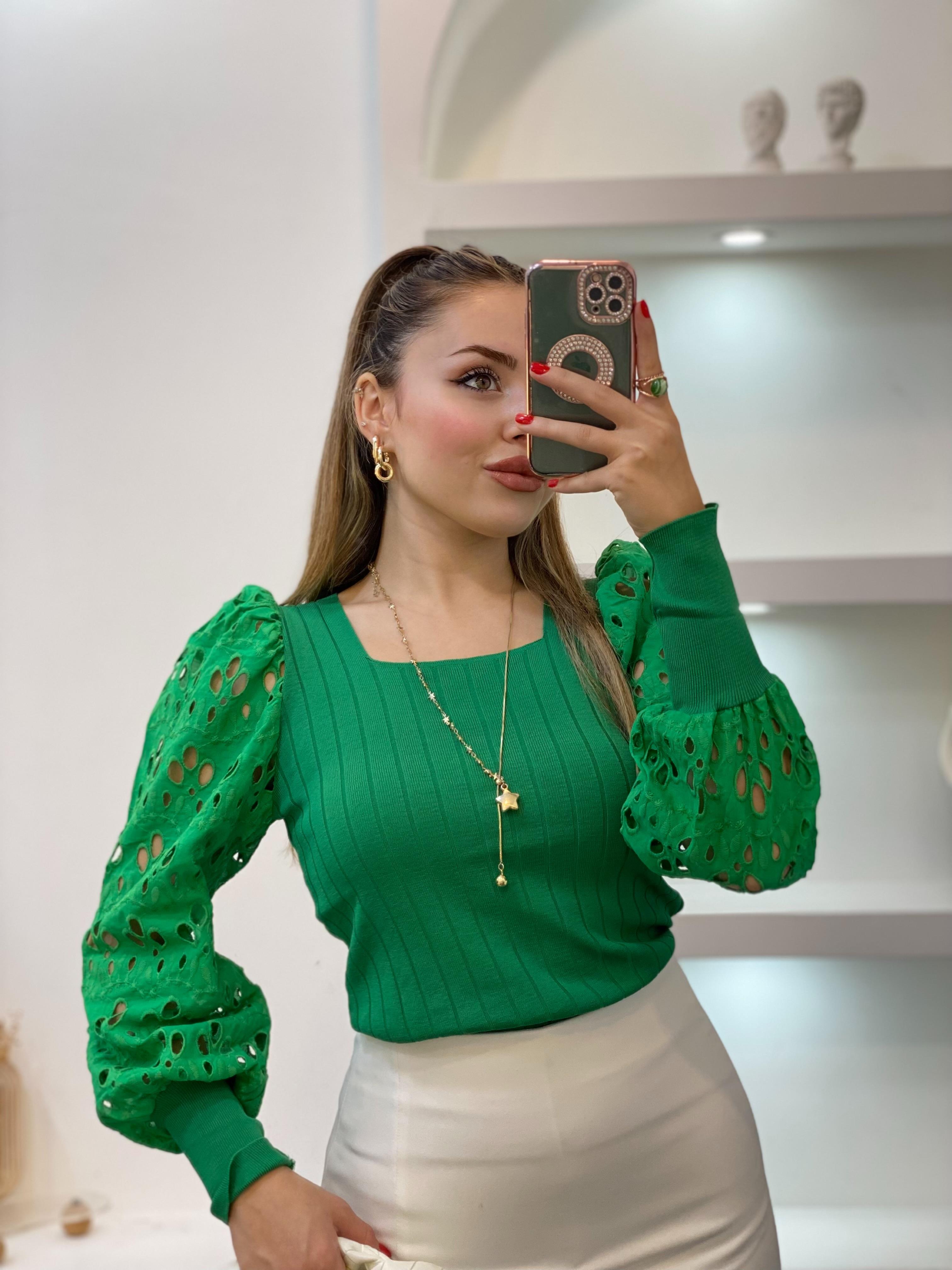 Yeşil Fisto Kollu Triko Bluz