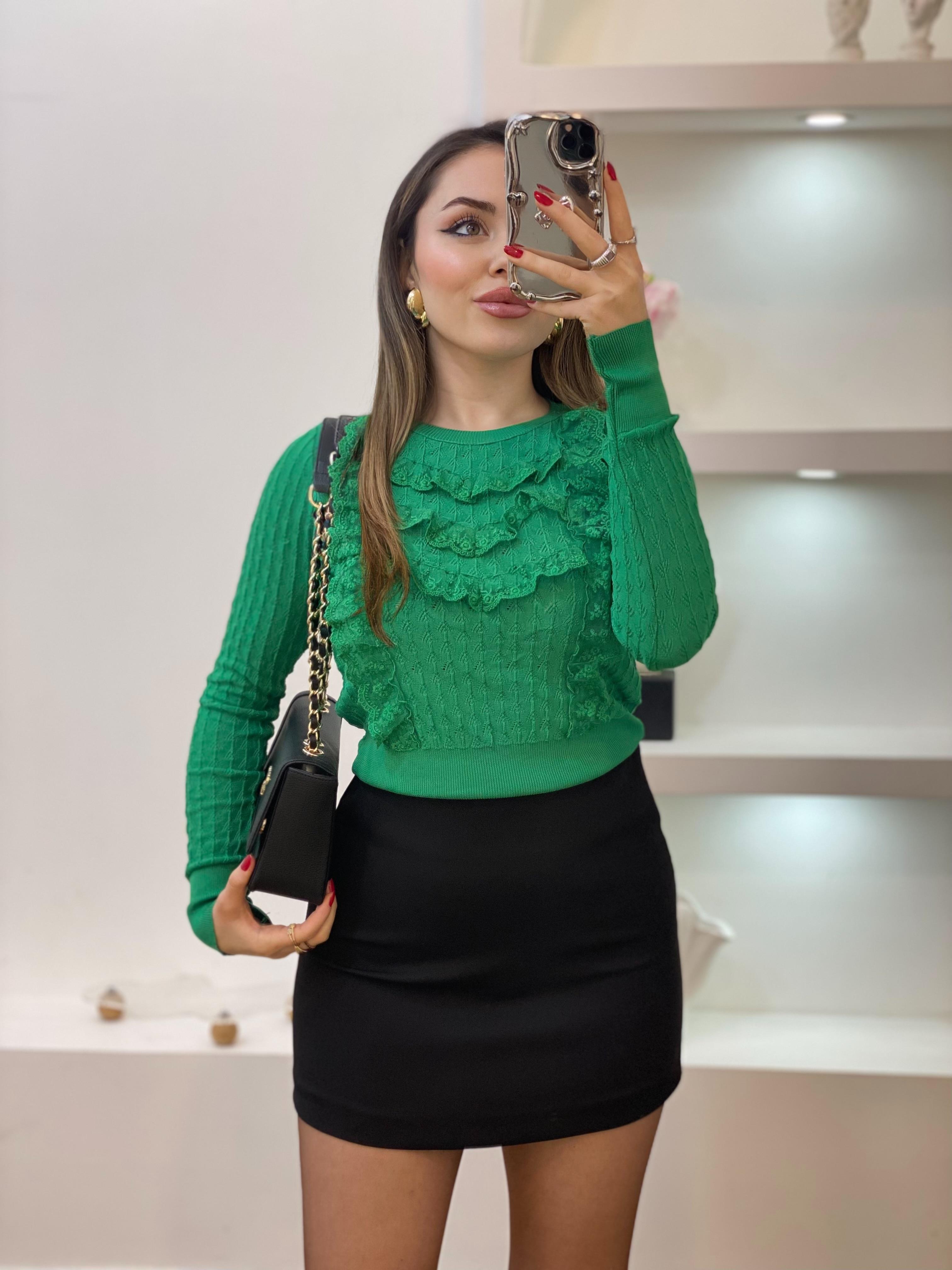 Yeşil Güpürlü Model Triko Bluz