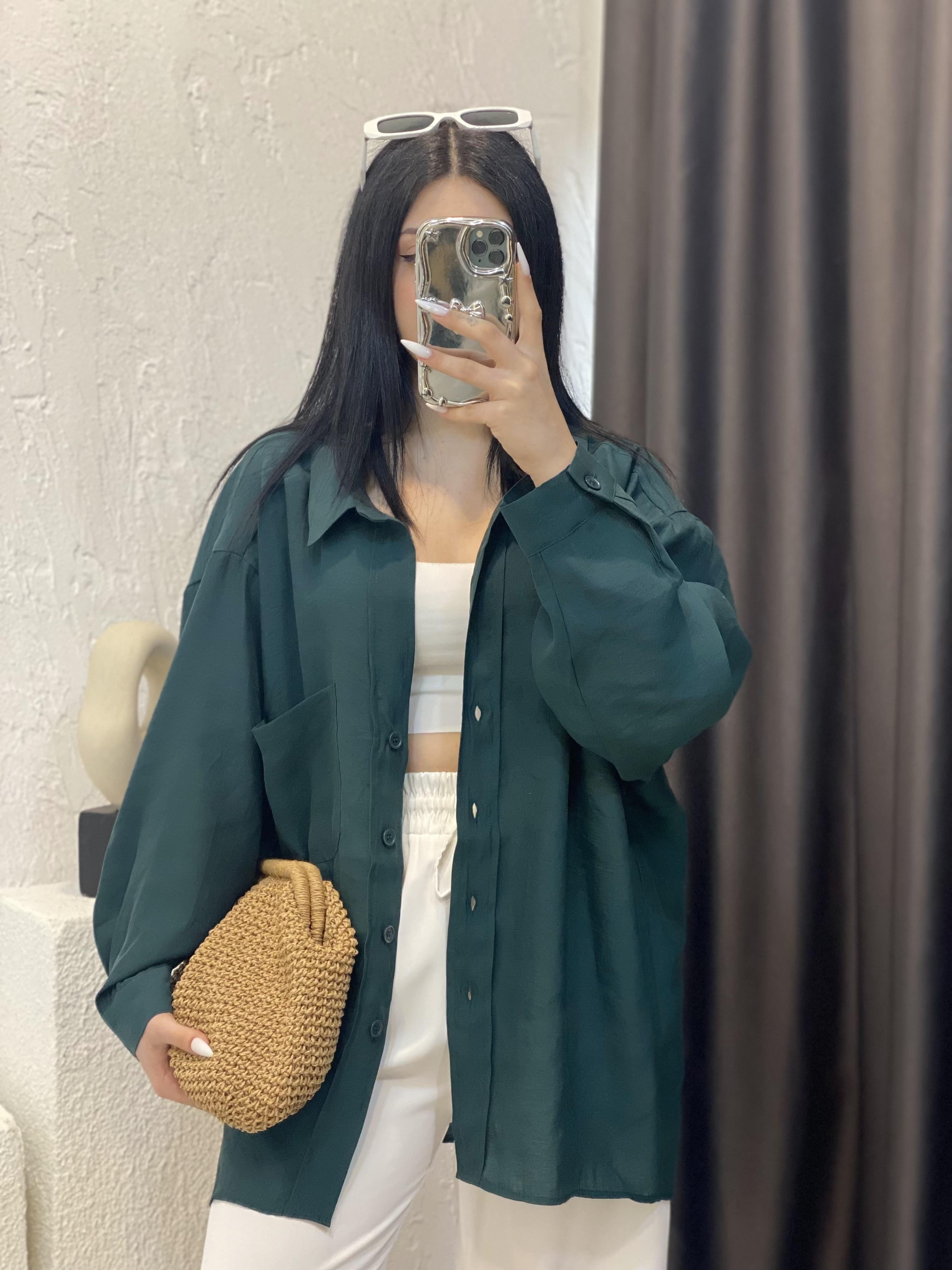 Yeşil Perry Marka Oversize Tensel Gömlek 