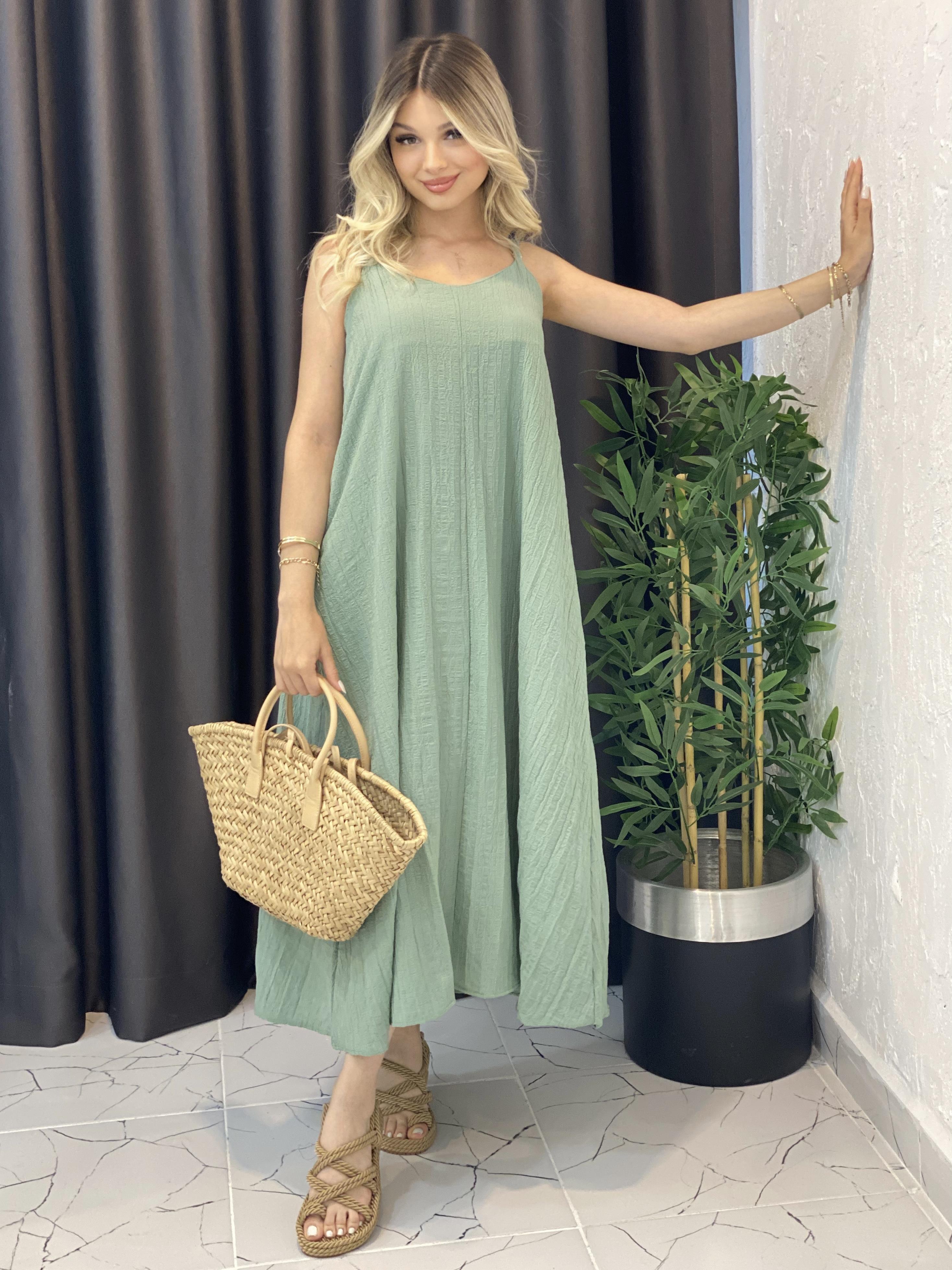 Yeşil Salaş Model Ayarlanır Askılı Elbise