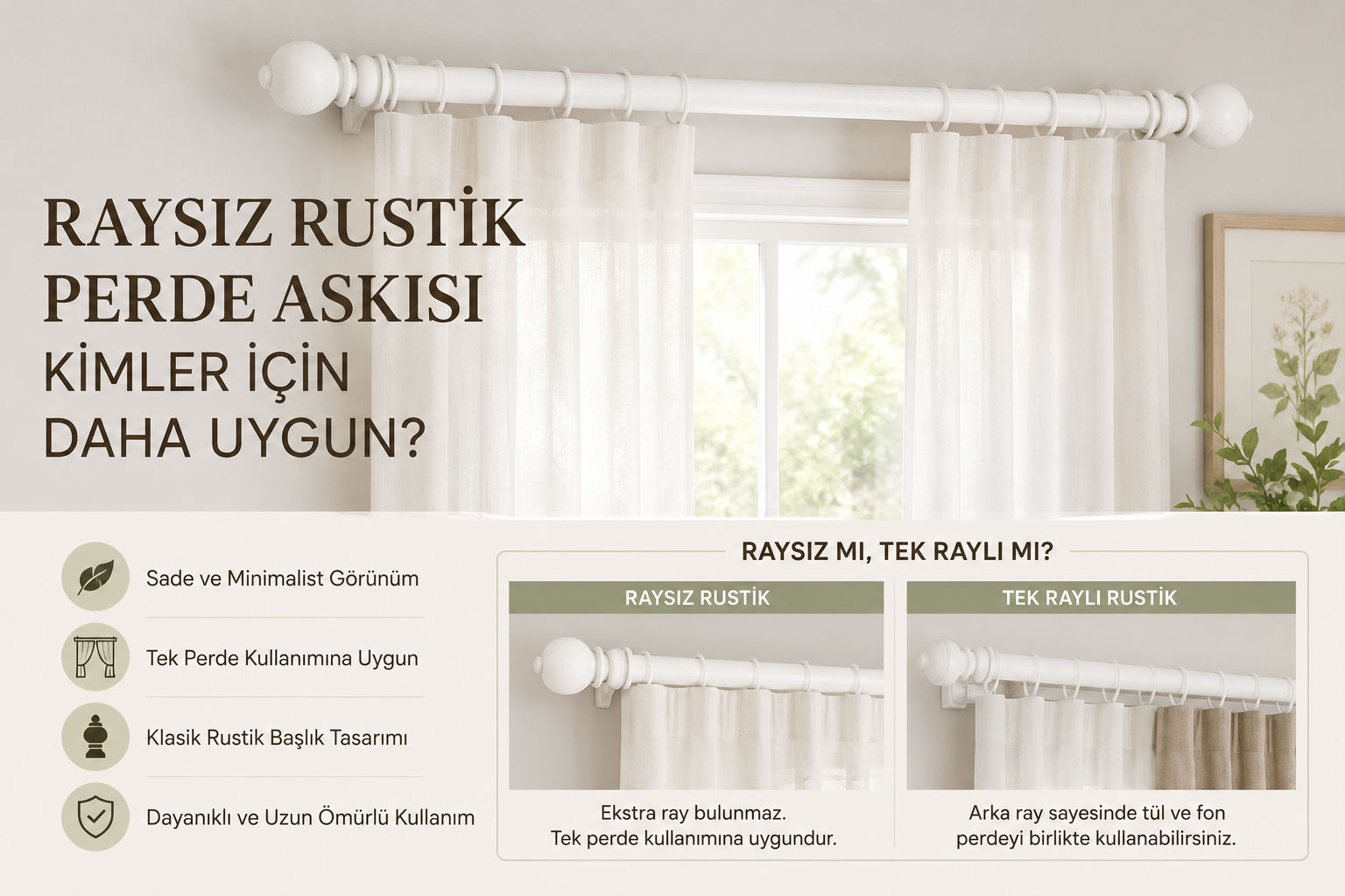 Beyaz raysız ahşap rustik perde askısı dekorasyon örneği