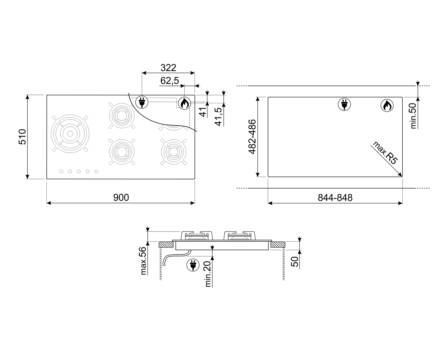 SMEG PV395LN KLASİK SİYAH CAM  GAZLI OCAK