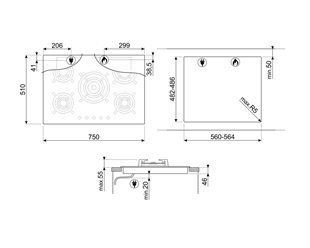 SMEG PV675CNR DOLCE STİL NOVO SİYAH CAM SERAMİK BAKIR ESTETİK GAZLI OCAK