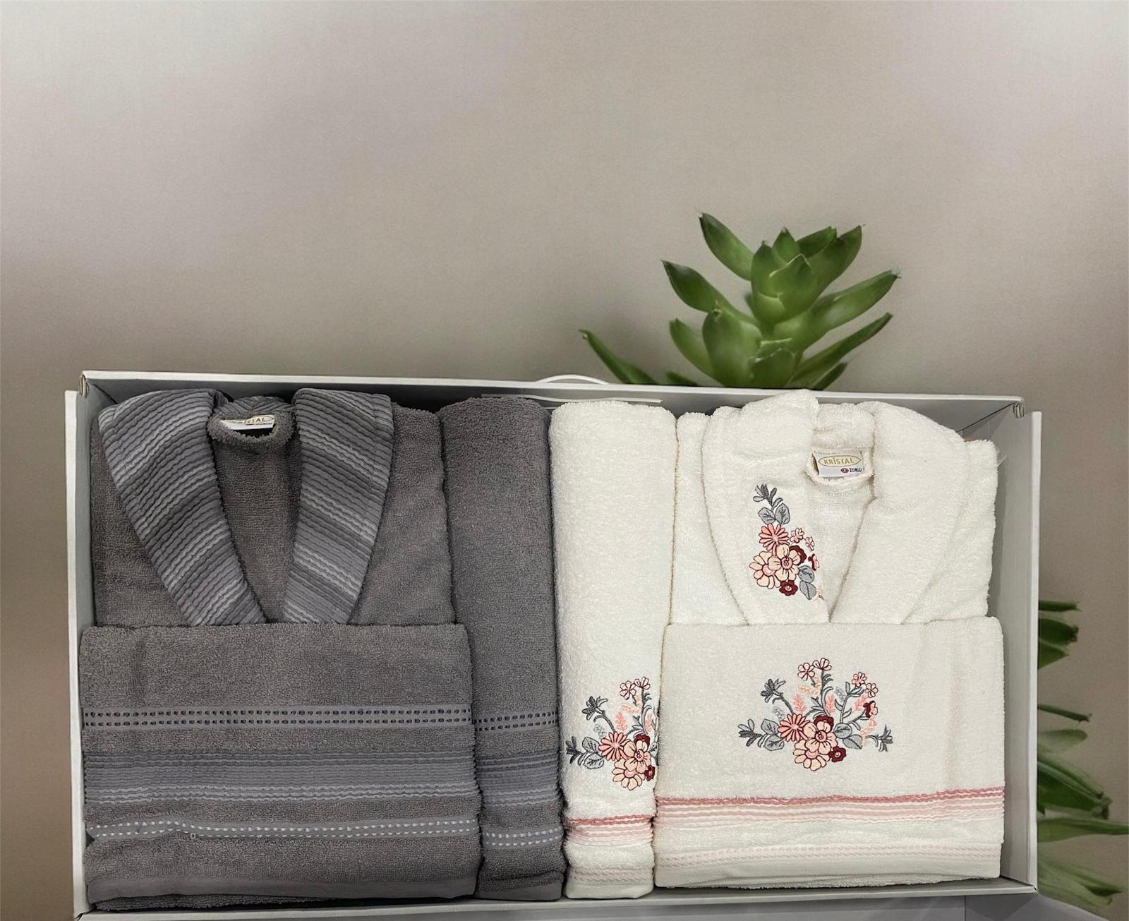 Kristal Soft Nakışlı Aile Seti Antrasit Ekru