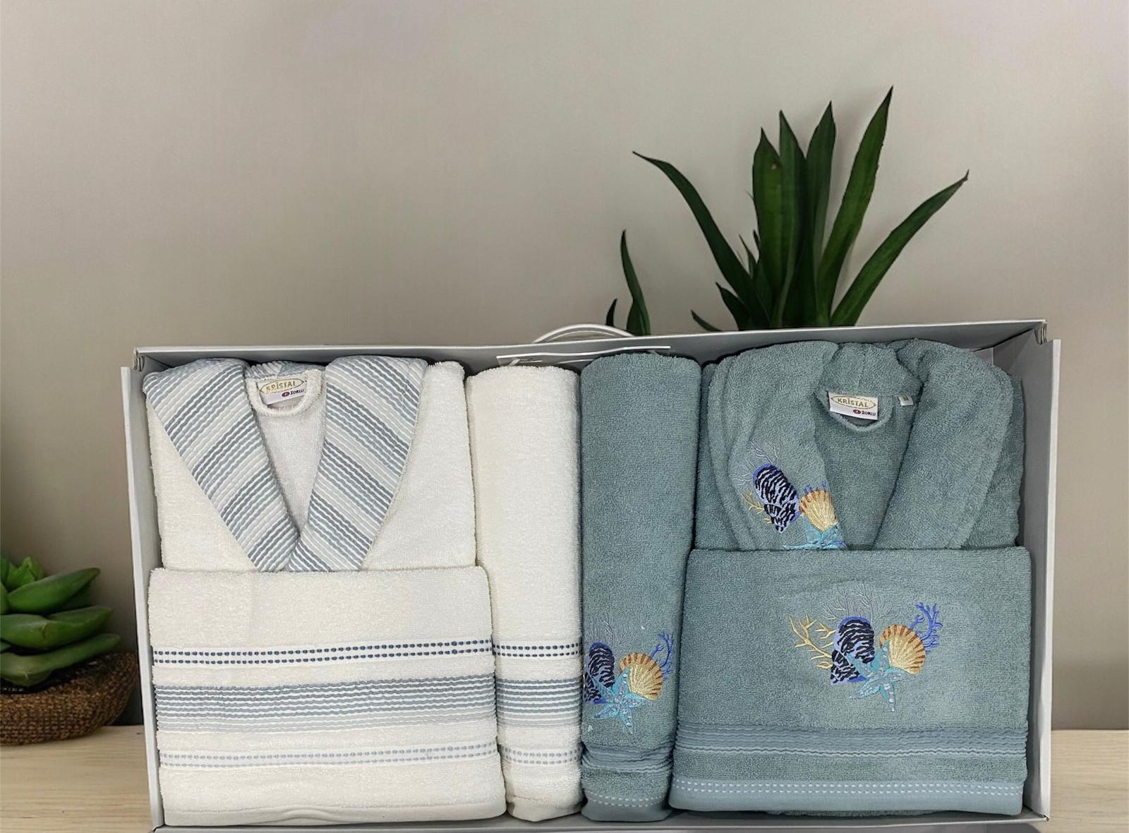 Kristal Soft Nakışlı Aile Seti Ekru Mavi