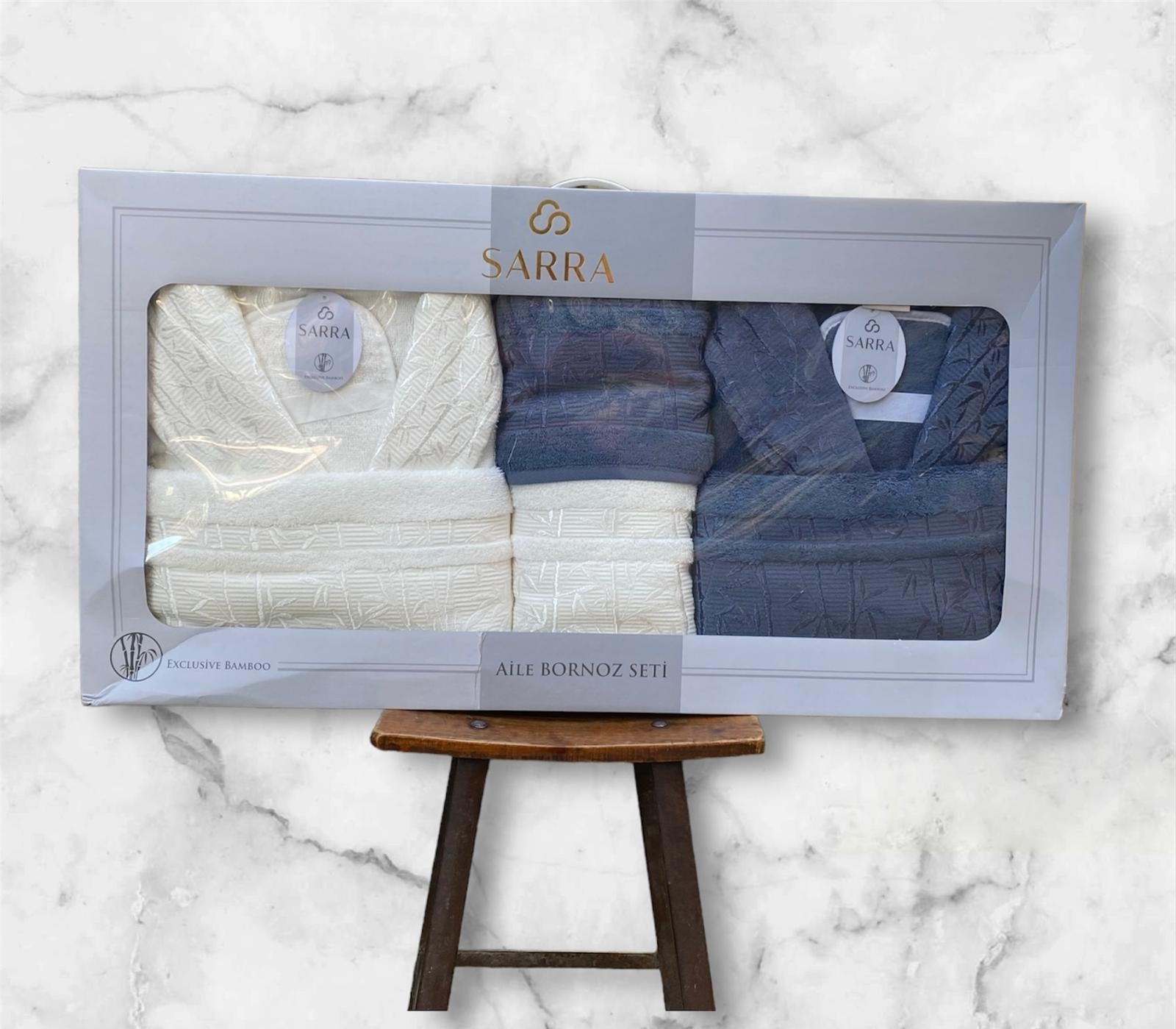 Sarra Bambu Bornoz Seti Krem İndigo