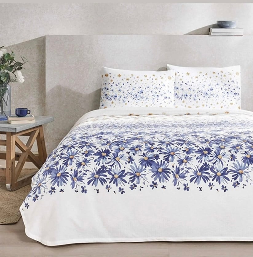 Taç Flora Çift Kişilik Pike Takımı Mavi