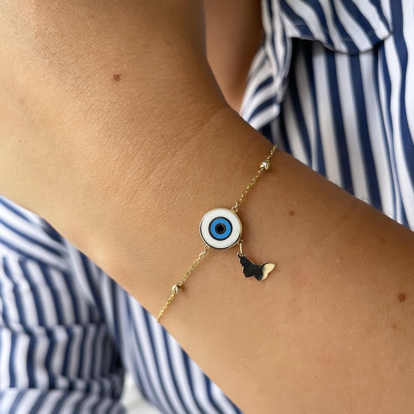14k Altın Beyaz Nazar Mineli Kelebek Detaylı Bileklik